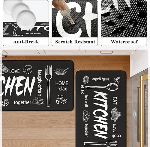 Vista 196 de KIMODE - Juego de 2 tapetes de cocina antifatiga, estilo vintage, antideslizantes, impermeables, ergonómicos, acolchados, cómodos para lavandería