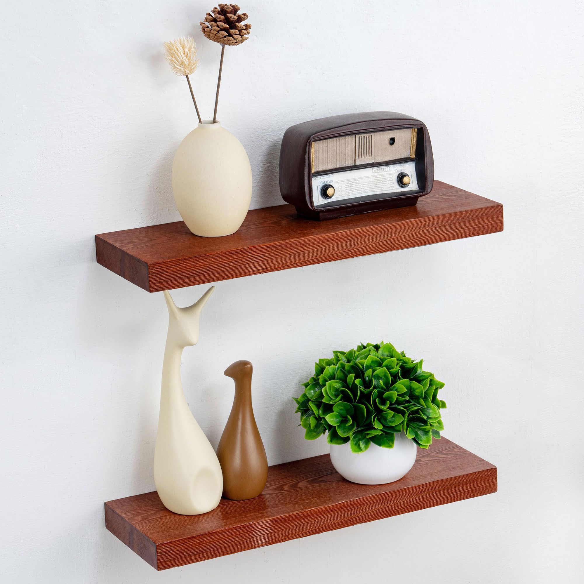 Marsmiles Floating Shelves Wood, Rustic Wall Shelves Set of 2, Thick Floating Shelves for Wall Storage, Cherry Wood Shelves for Wall Decor Bathroom Bedroom Living Room Mahogany Walnut