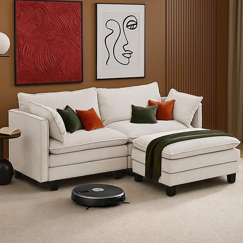 Miniatura 8 de Sofá modular de 111 pulgadas en forma de L con sofá otomano de felpilla con almohada para sala de estar, dormitorio y apartamento, 5 asientos, color