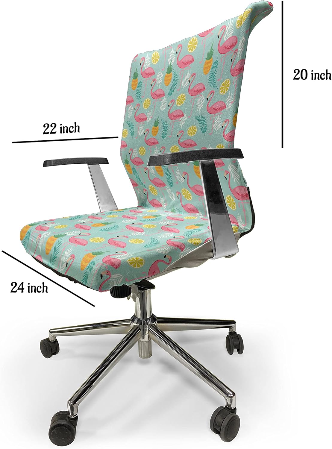Ambesonne Art Office Chair Cover, Exotic Theme Pink Flamingos and Pineapples Hawaiian Background Palm Leaves, Stretchable Decorative Universal Size High Back Printed Slipcover, Teal Pink