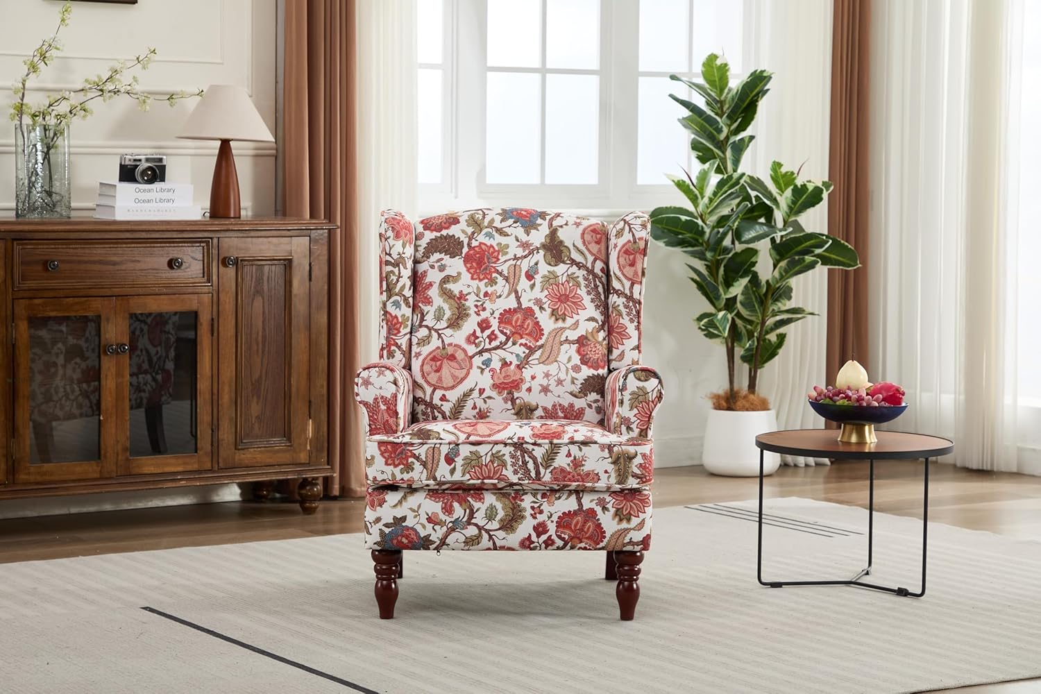 KEIKI Modern Floral Accent Chair Retro Wood Legs, Linen Wingback Seat for Living Room Bedroom Reading Nook, Floral Single Sofa Chair with Pine Frame, Plush Padded Foam, Easy Setup, Brown Yellow