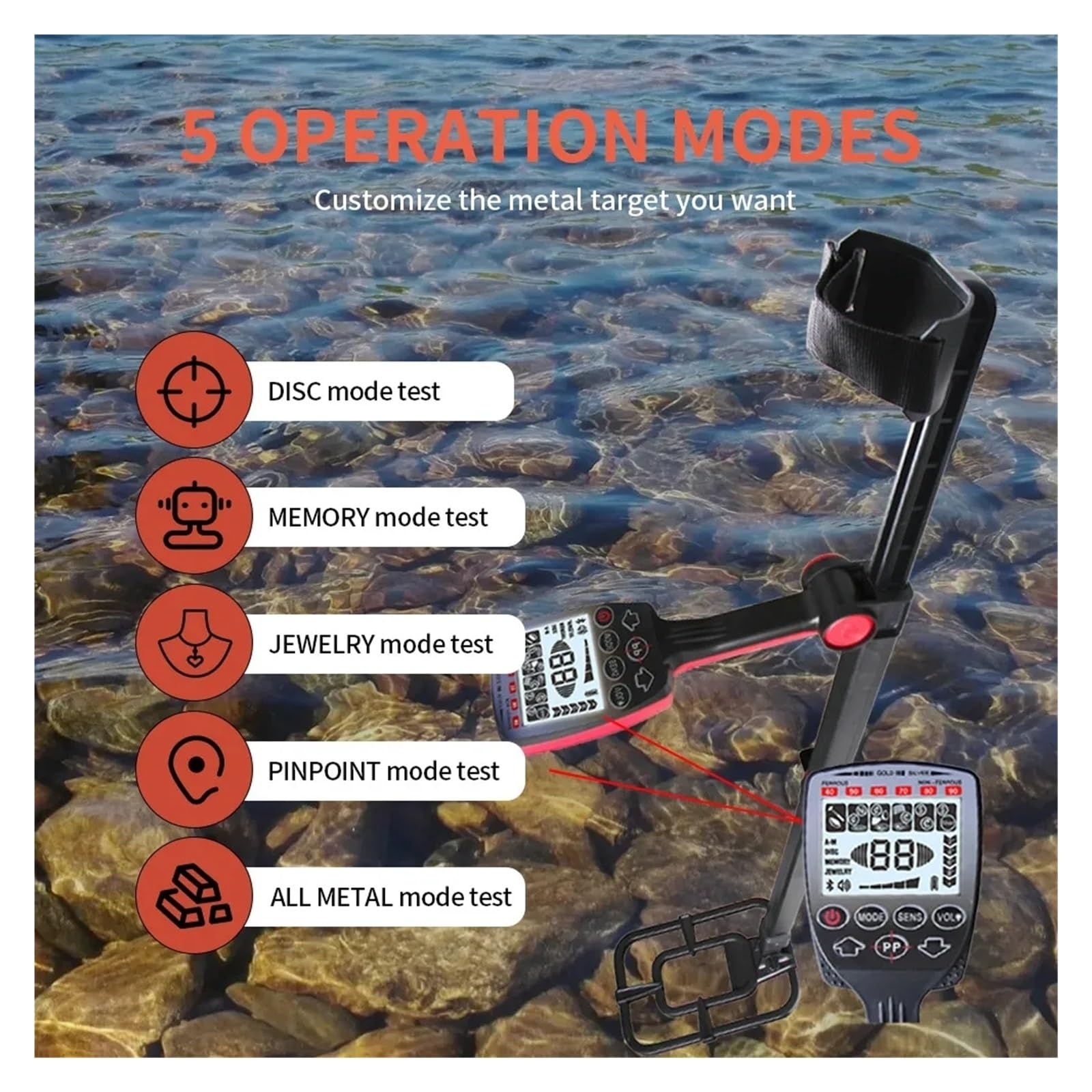 Detector de Metales, Detector de metales plegable: impermeable, ajustable, de alta precisión, liviano y plegable(Rot)
