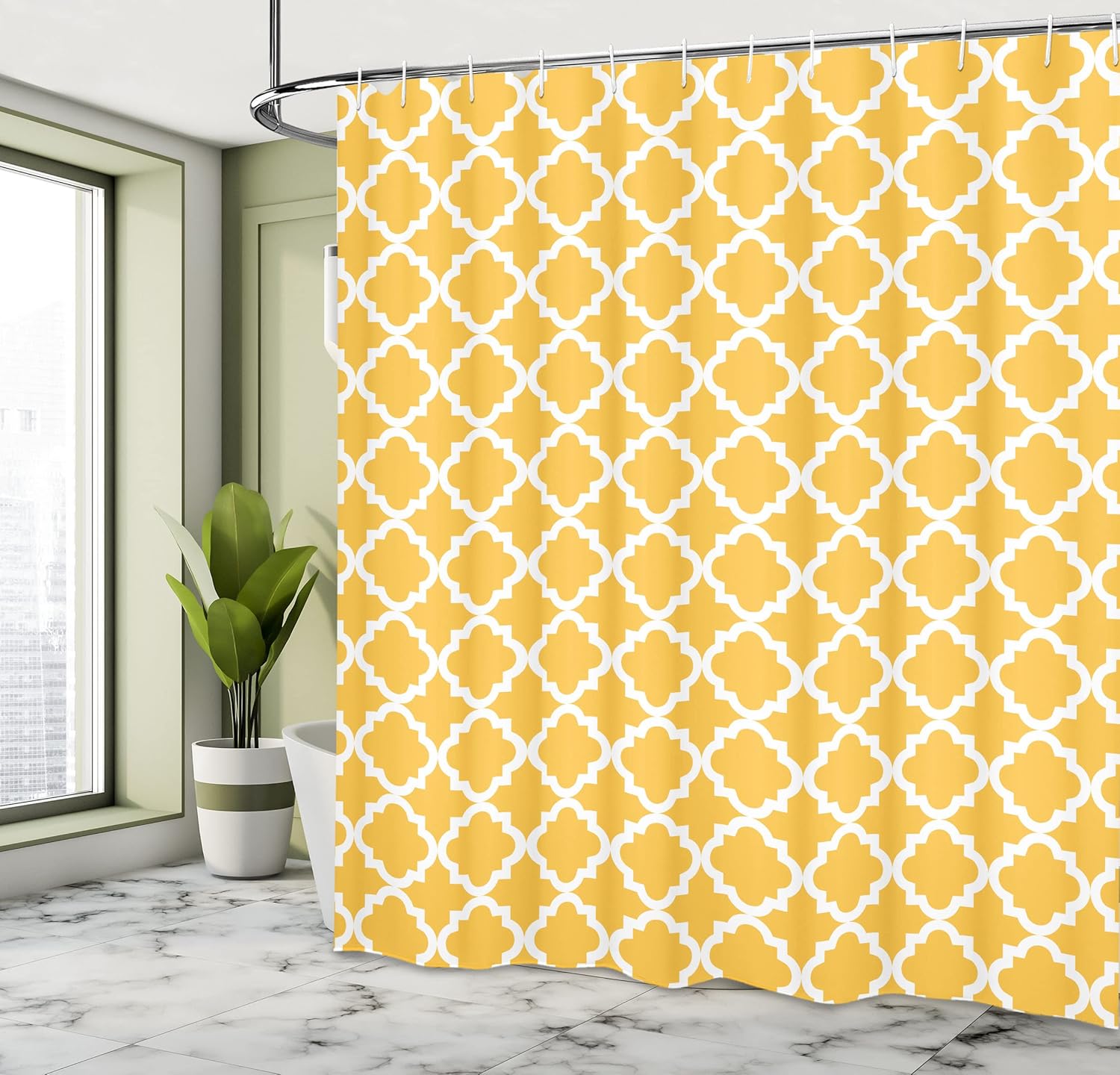 Ambesonne Quatrefoil Shower Curtain, Vintage Classic Pattern with Monochrome Elements in Old Fashioned Style Print, Cloth Fabric Bathroom Decor Set with Hooks, 69" W x 70" L, Mustard White