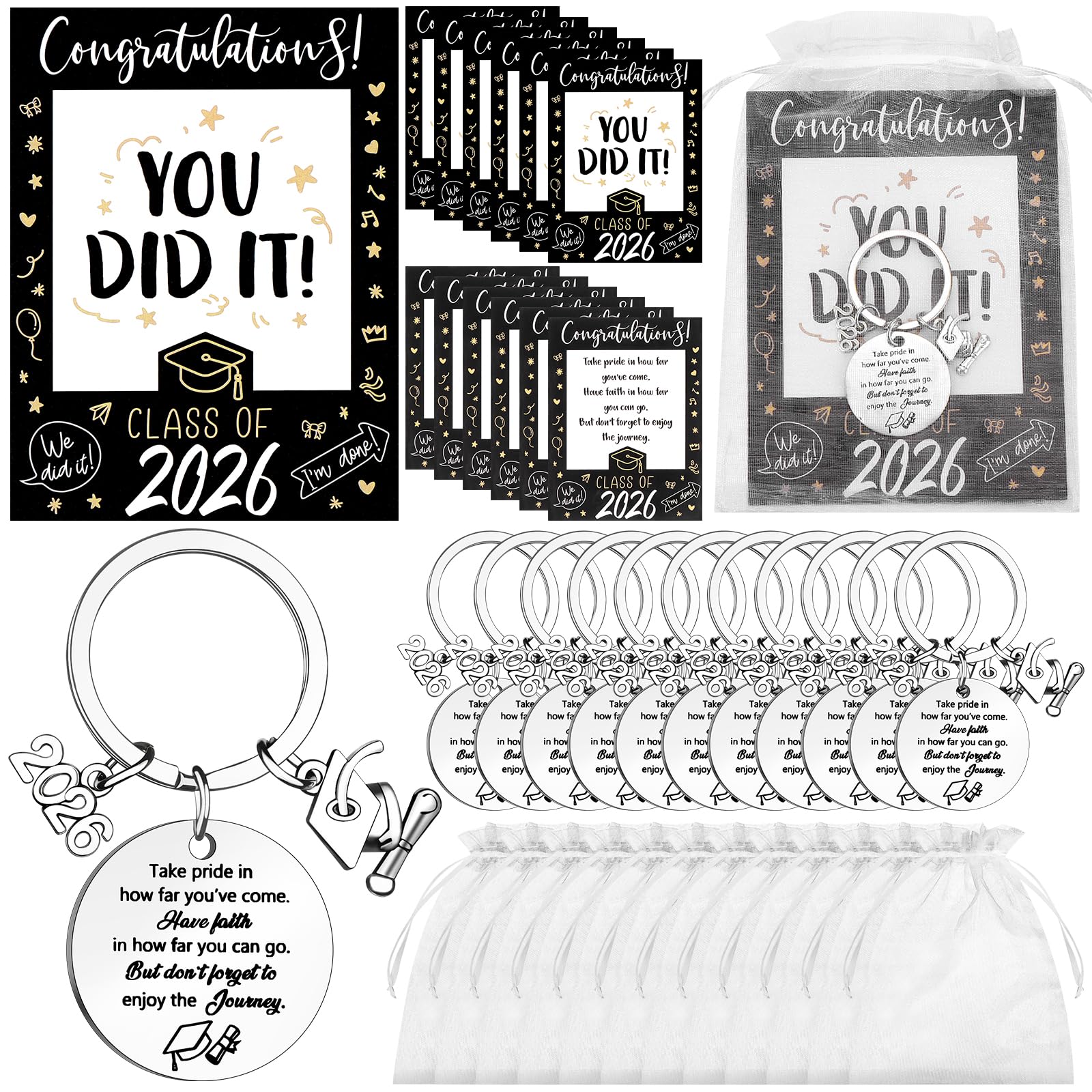 oneant 12 Sets Class of 2026 Graduation Gifts Bulk Graduation Keychains Inspirational Greeting Cards Organza Bags 2026 Grad Presents for Seniors 2026 High School College Medical Student (Black)