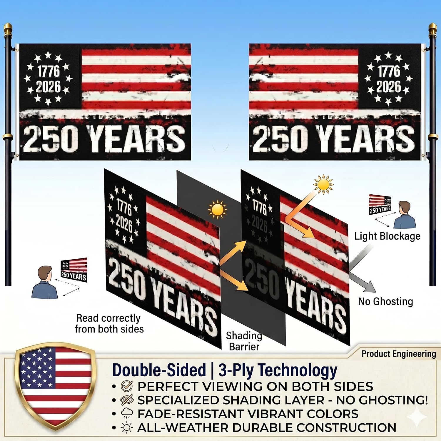 VOLTA Black American Flag 3x5 ft for 250th Anniversary - Double Sided Heavy Duty Outdoor Flag, 3-Ply UV Fade Resistant with Brass Grommets, 1776-2026 USA Freedom Banner for Yard & Indoor Decor