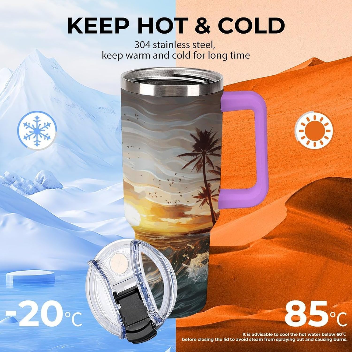 Large Car Cup with Handle&Lid Fashion Palm Trees Ocean Waves Sunset Tumbler Sturdy Insulated Water Bottle Stainless Steel Vacuum Travel Mug Portable Coffee Cup for Home Outdoor 40 Oz Violet-style