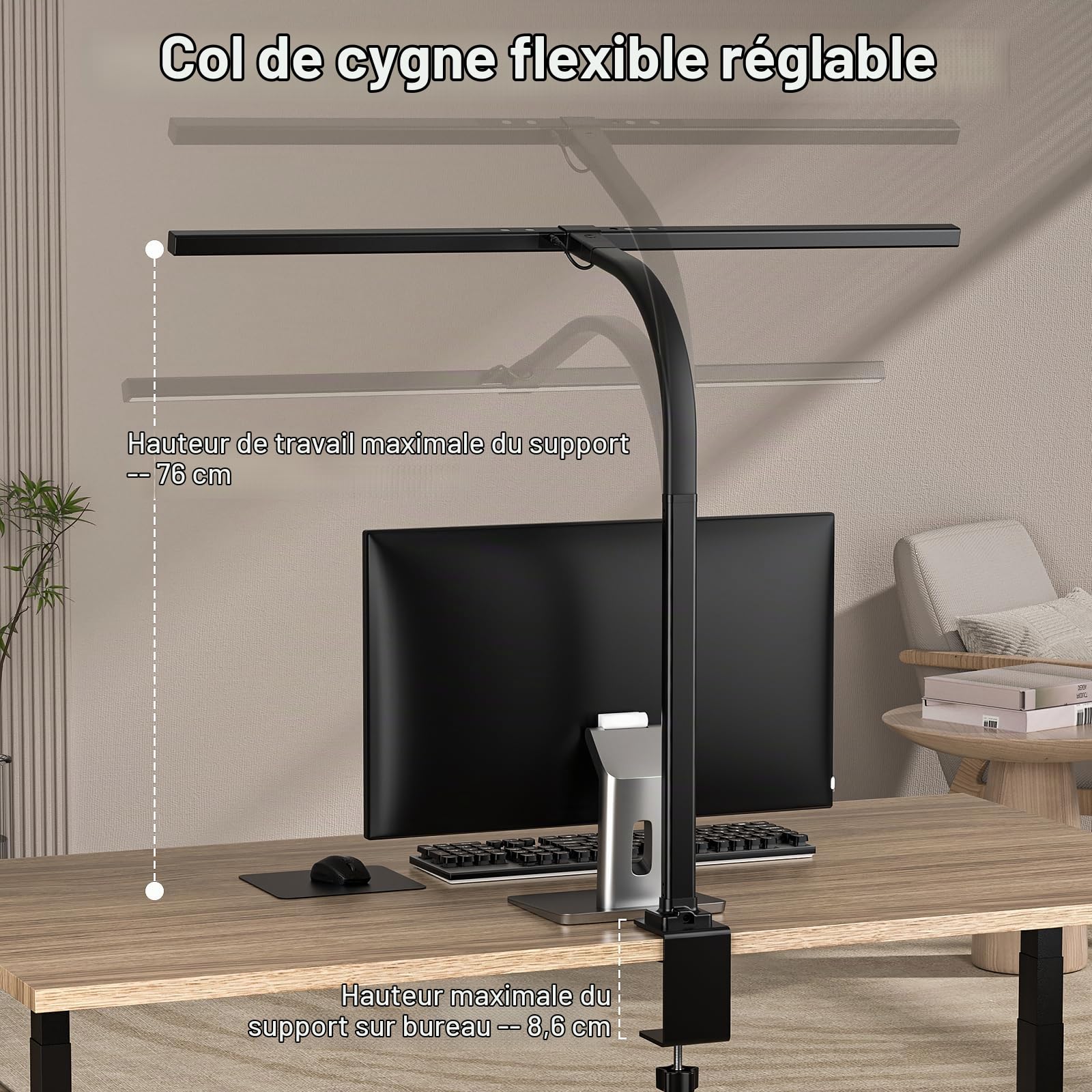 EYOCEAN Lampe de Bureau, 24W 80cm Lampe d'Architecte, lampe de travail avec Pince, LED Protection des Yeux, Température de Couleur et Luminosité Réglables, Fonction de Mémoire et de Chronométrage