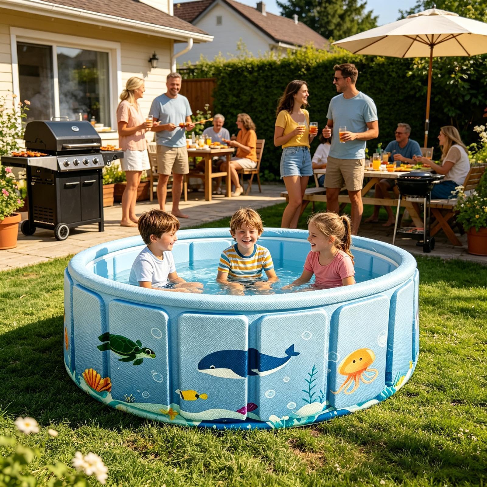 Kinderpool Ohne Aufblasen - 120cm 5-lagiges Verstärktes Material - Rund Faltbarer Planschbecken Für Kinder - Hundepool Robust & Rutschfest - Sommer-Wasser-Pool-Spielzeug - Für Den Außenbereich, Garten