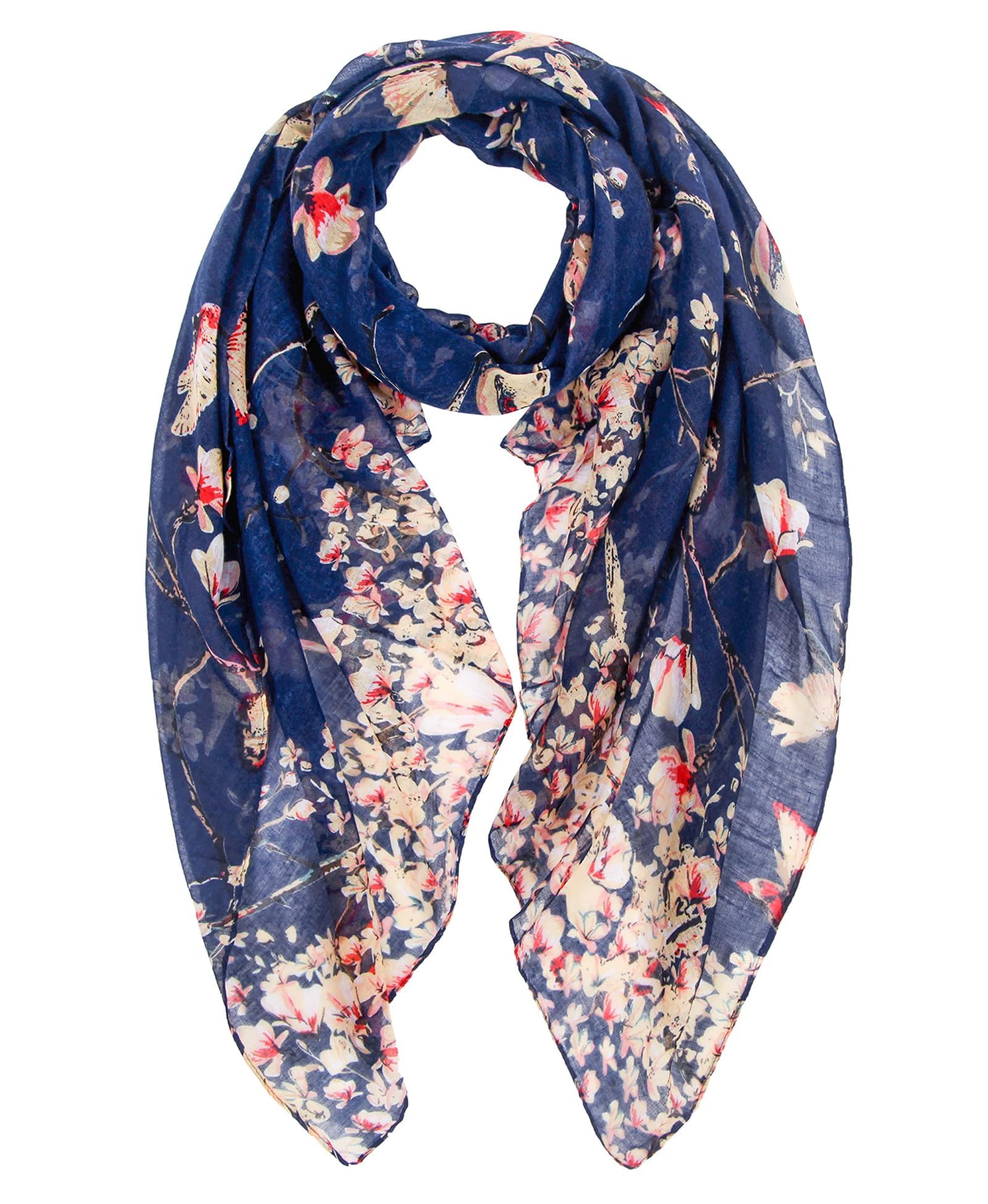 DiaryLook Ladies Women's Fashion Bird Print Long Scarves Floral Neck Scarf Shawl Wrap Gifts For Women, Navy Blue