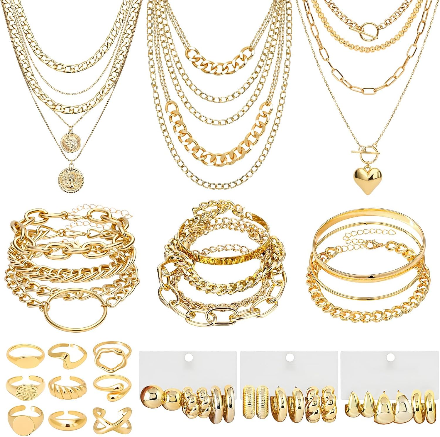 NEWITIN 44 Pieces Chunky Gold Jewelry Set for Women Fashion Costume Jewelry Gold Plated Chunky Necklace Chain Bracelet Ring Hoop Earrings Set for Women