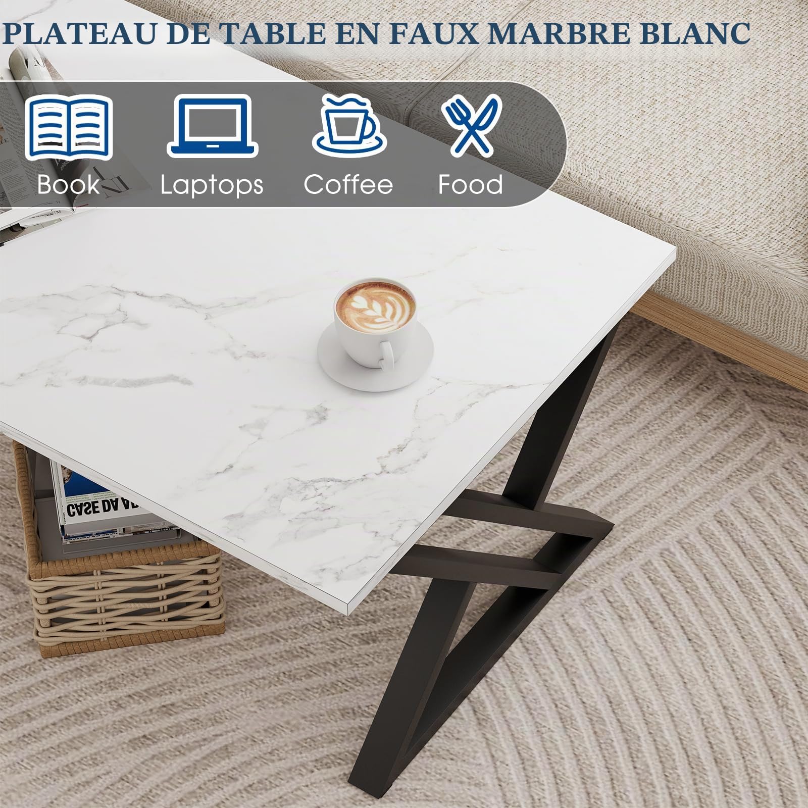 Table basse, table de salon, table basse en bois, table d'appoint pour salon, montage facile, baleines, espace de rangement ouvert, 100 x 48 x 55 cm, marbre blanc et noir