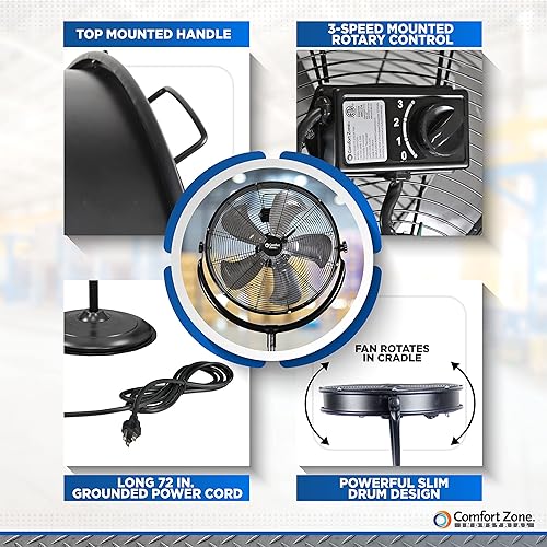 Miniatura 3 de Comfort Zone Ventilador de pedestal industrial de alta velocidad de perfil delgado de 20 pulgadas con aspas de aluminio, ventilador de soporte de