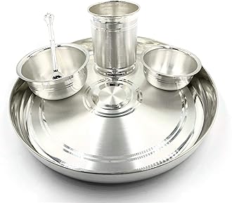 999 Pure Silver 8.0 Inch Hallmarked Lightweight Indian Thali Anna Prasanam Small Dinner Set - Set#04