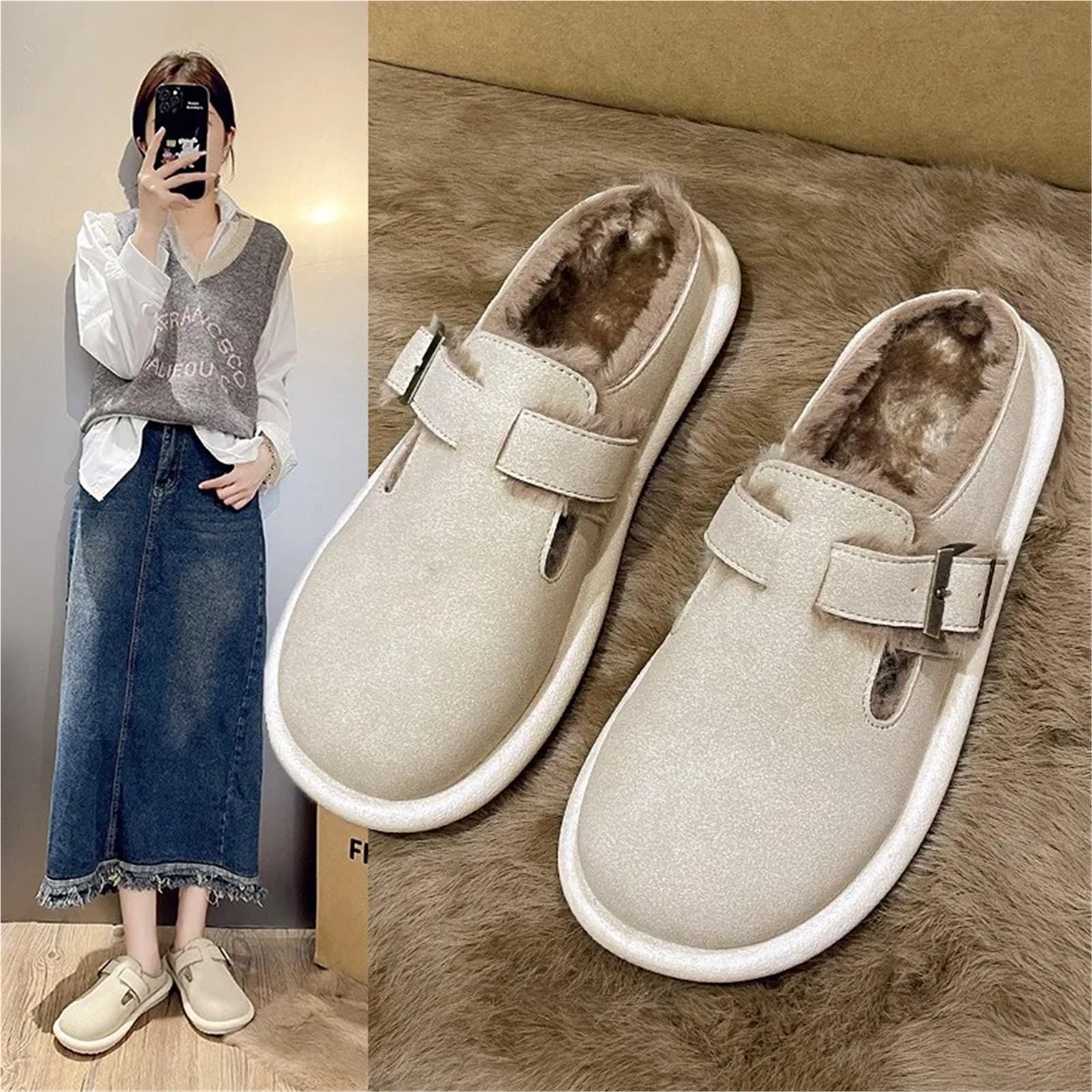 Zuecos Zapatillas for Mujer Plantilla De Goma Invierno Felpa con Soporte for El Arco Zapatos Peludos for Hogar Acogedores