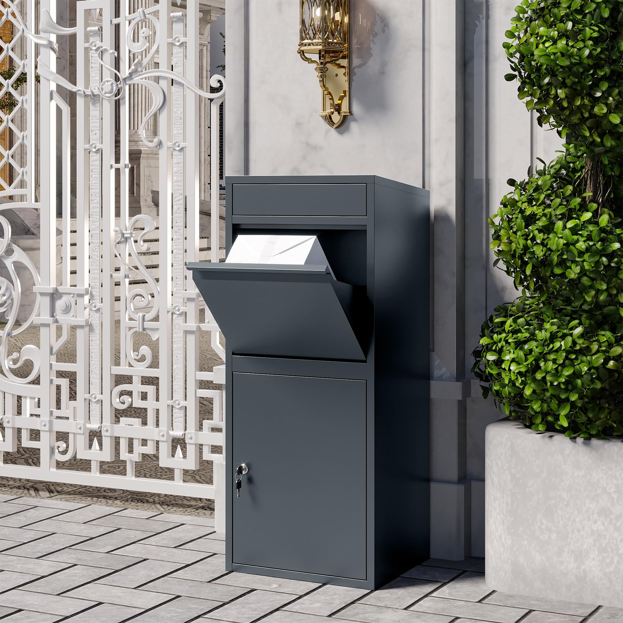 VEEHAUS Buzón Grande Antracita para Paquetes, Acero Inoxidable, Grande, XXL, para Paquetes, con Compartimento para Paquetes (sin Soporte, Tikelia)