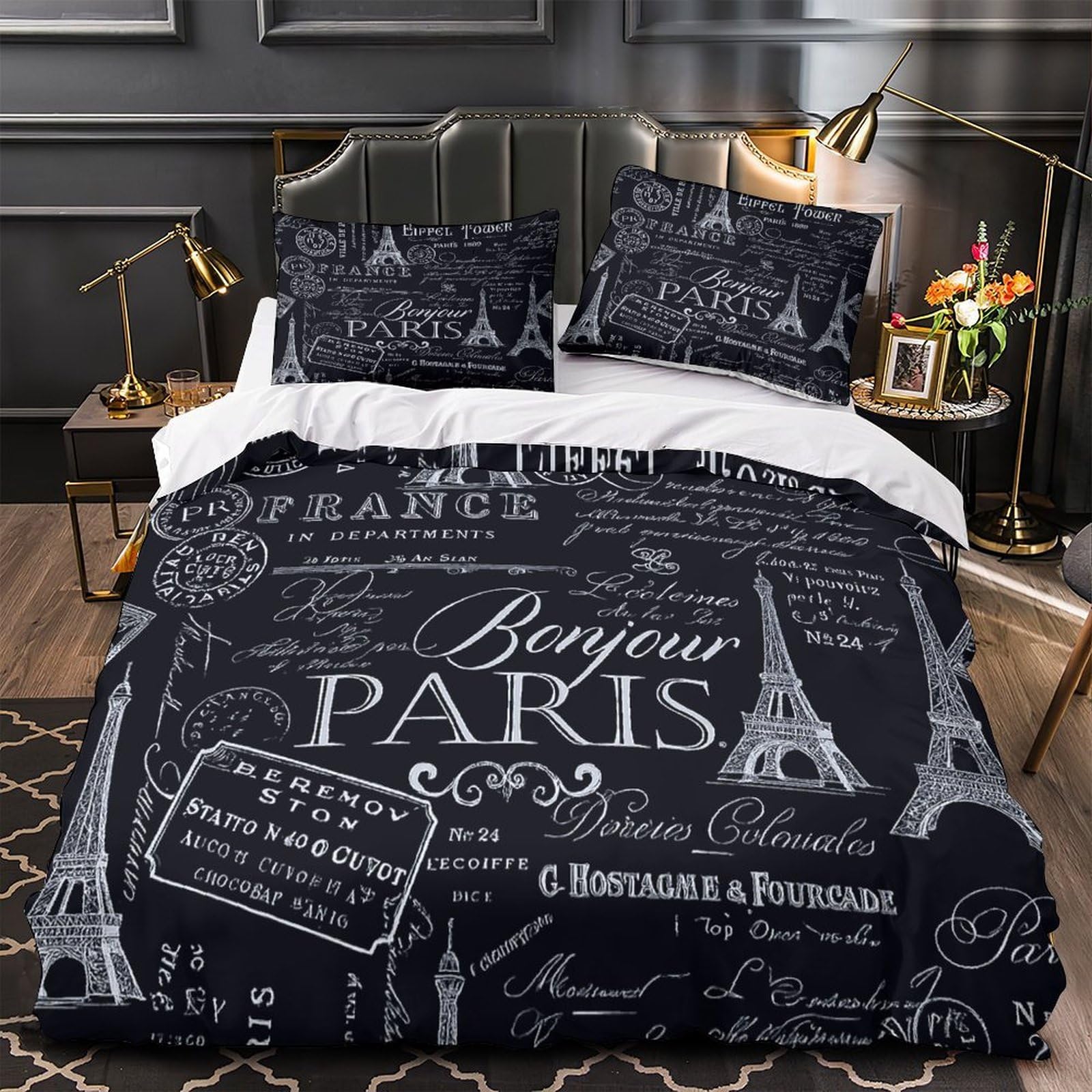Guía de viaje de París Impresión 3D 3 piezas cubrecama Estilo de decoración francés vintage funda de colchón microfibra morbida hipoalergénica para chicas mujeres adultos Super king（260x220cm）