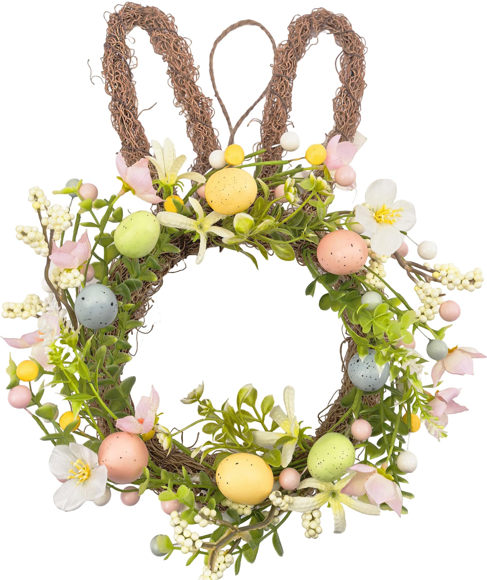 Photo 1 of 16 Inch Lighted Easter Bunny Wreath for Front Door with Eggs & Flowers, Rabbit Spring Wreath Decoration with LED Lights, Easter Door Wreath for Door, Wall & Window, Easter Decorations