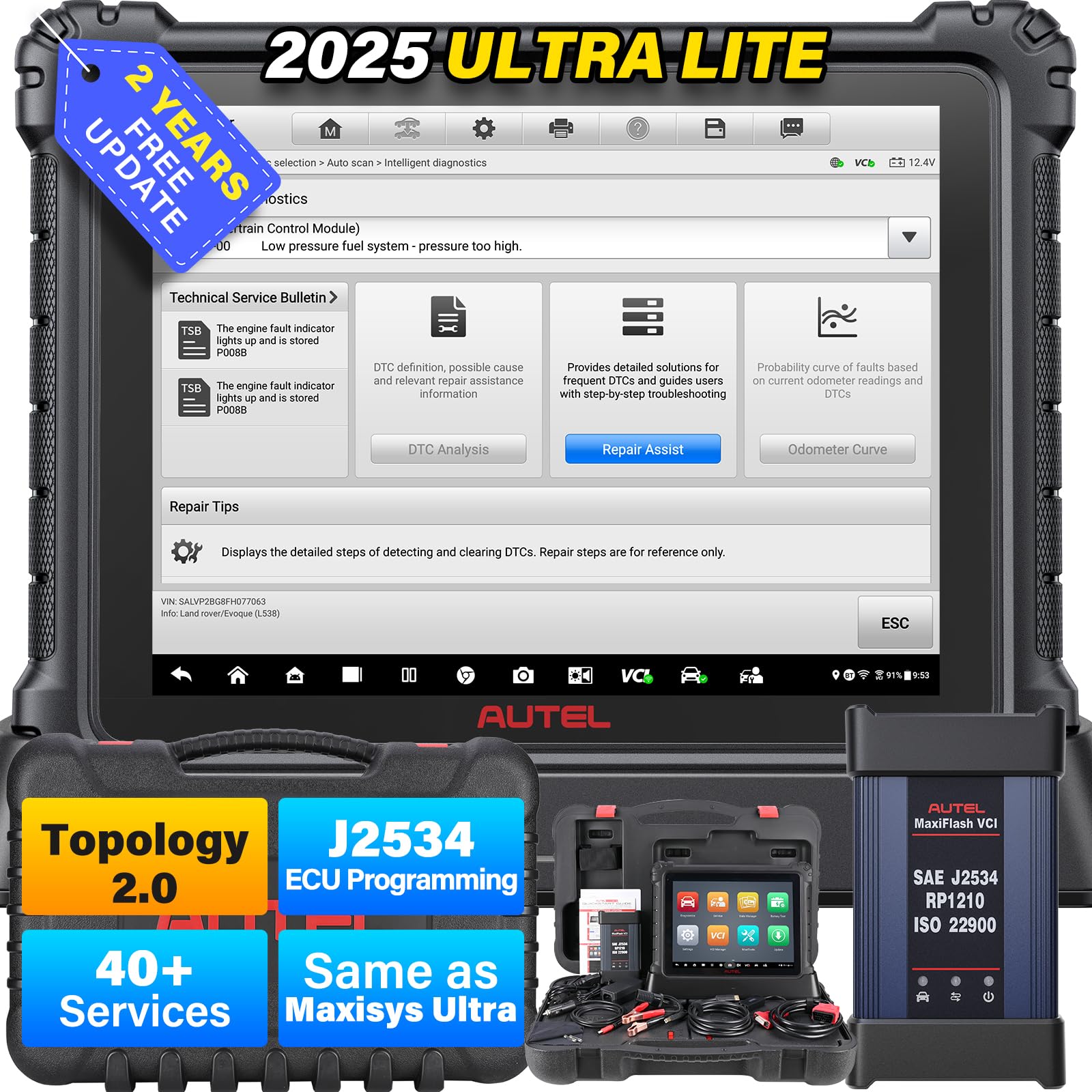 MaxiCOM Ultra Lite Intelligent Scanner: 2 Years Free Update, 2026 Ultra Lite Up of Elite II Pro MS909 MS919, Same as MaxiSys Ultra, Motor TruSpeed Repair, Topology 2.0, 40+ Services, DOIP CANFD