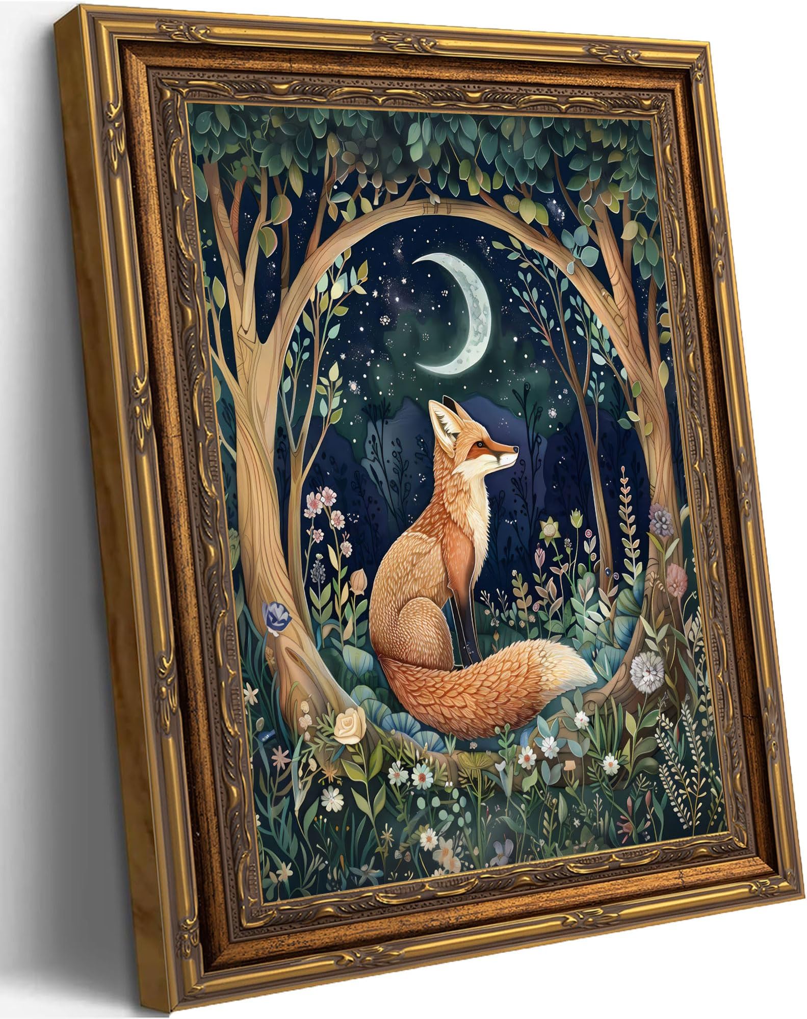 Vintage Gold Framed Wall Art Vintage Fox Posters Whimsical Forest Animal Wall Decor Dark Academia Painting Moon And Floral Pictures Cottagecore Canvas Prints For Living Room Bedroom