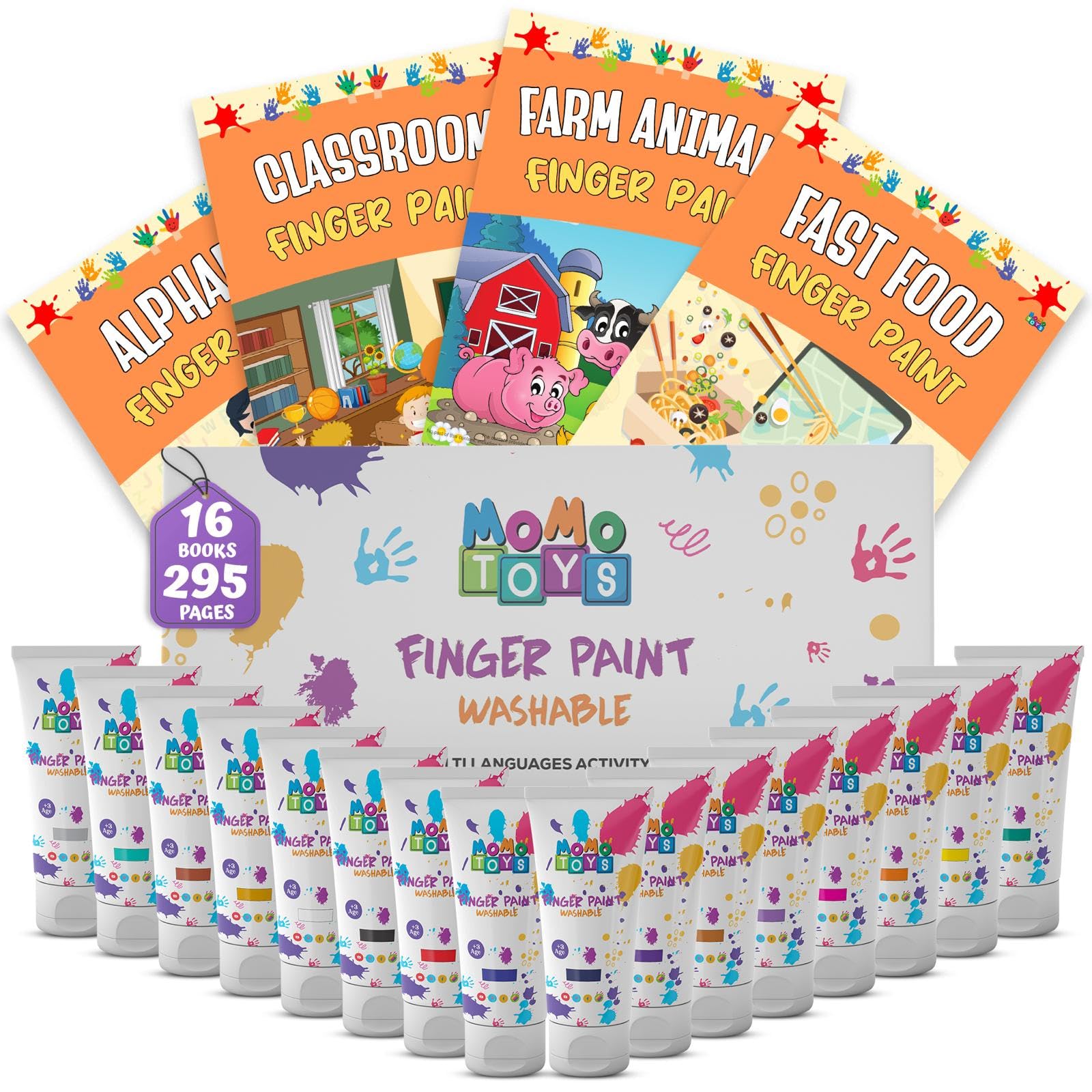 MOMOTOYS Finger Paint for Toddlers 1-3 - 16 Non Toxic, Washable Finger Paint Colors, Toddler Art, Mess-Free Painting Activities, Kid Safe, Preschool Gift