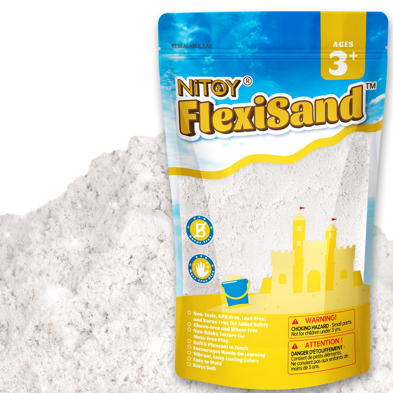 NiToy 2.2Lbs/1kg Sand, Never Dries Out-Fun for 3 Years and up Kids Bulk Refill for Sensory Sand Box Toys, Ideal for Shaping, Squeezing and Molding(White)