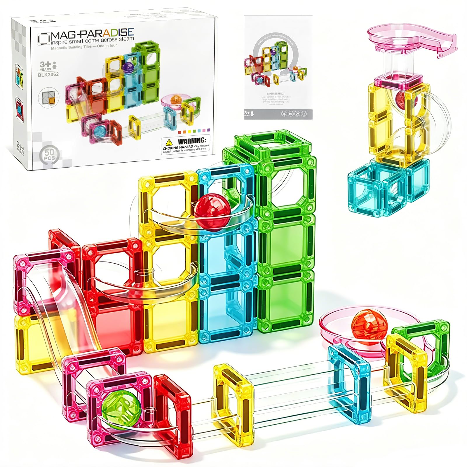 KINGSH 50PCS Magnetic Tiles Marble Run, 3D Clear Educational Magnetic Blocks Building with Little Ball, Smart Brain Magnets Construction, Creative Magnetics Tiles