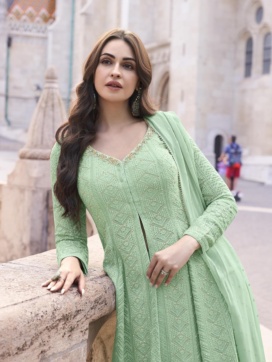 TRENDMALLS 女性用 ジョーゼット 刺繍 ワークフロント スリット クルタ パラッツォ ドゥパッタ付き 女性用