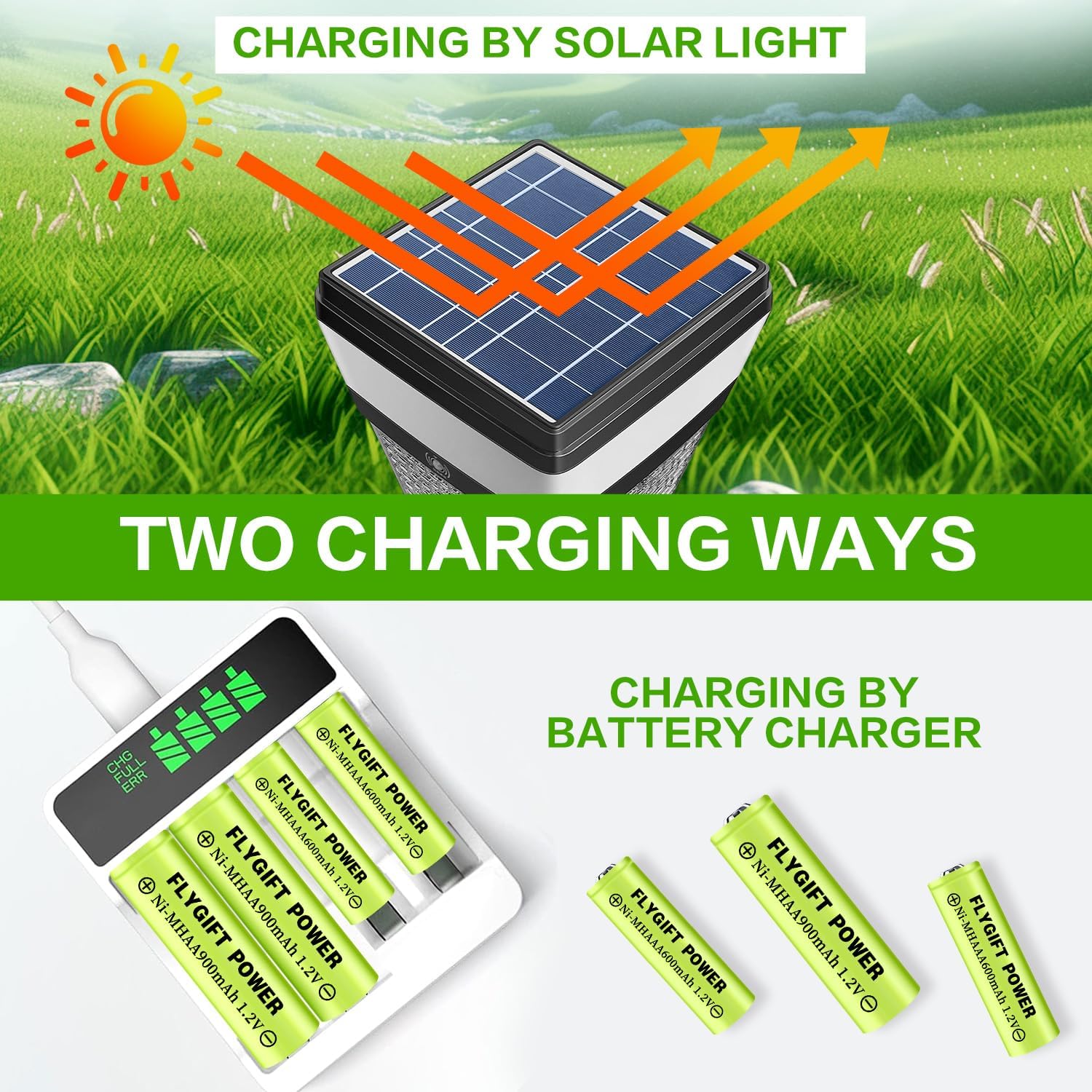 FlyGift AA Rechargeable Batteries Solar Battery for Garden Lights, Double A 900mAh 1.2V Batteries Pre-Charged for Solar Lights, Pathway Lights, Lawn Lamps, Ground Lights (Pack of 4) image 2