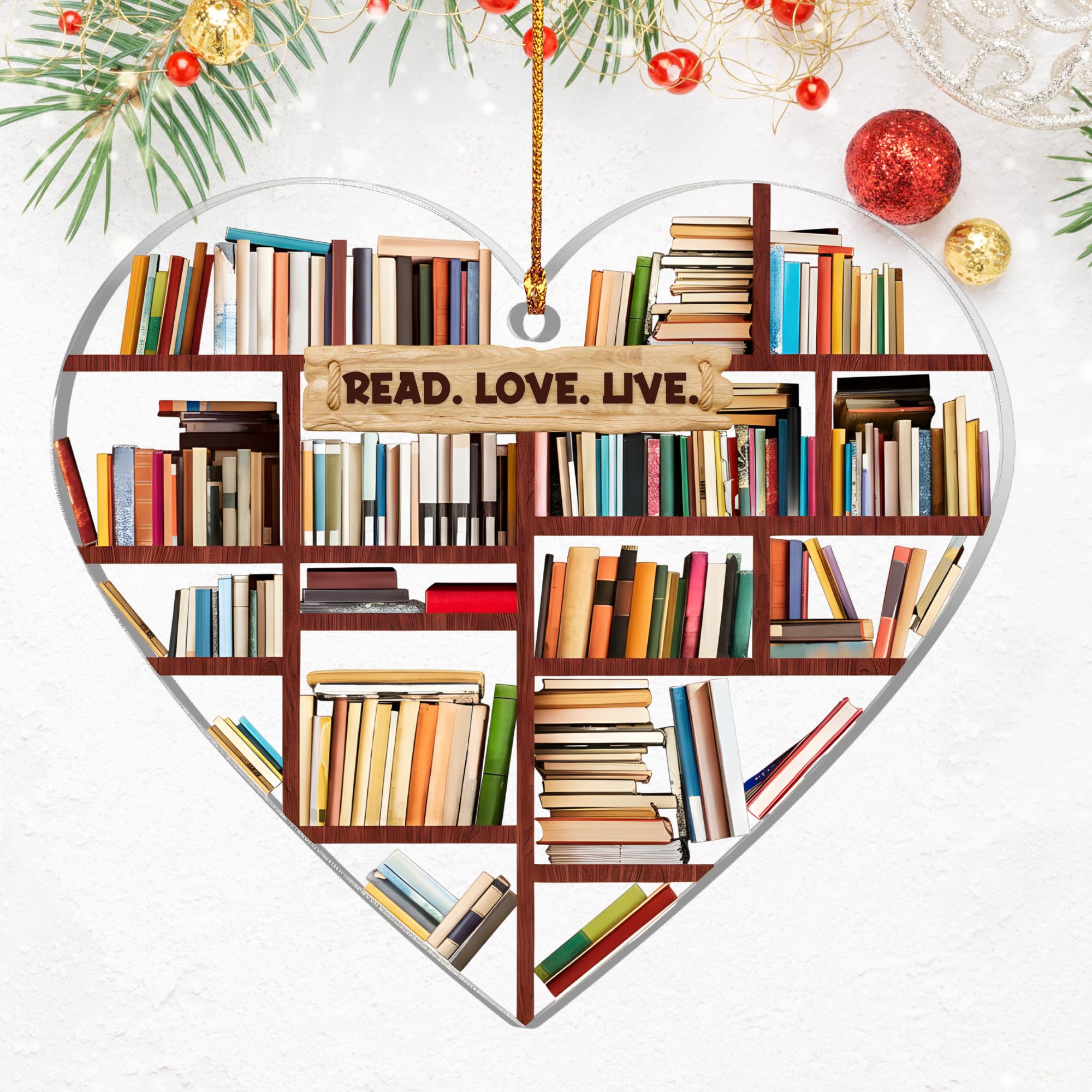 Book Lovers Gifts for Women-Book Ornament – Heart Shaped Bookshelf Christmas Decoration with Read Love Live Quote – Gifts for Women, Book Club, Readers, Bookish Decor, Mini Book Tree Ornament