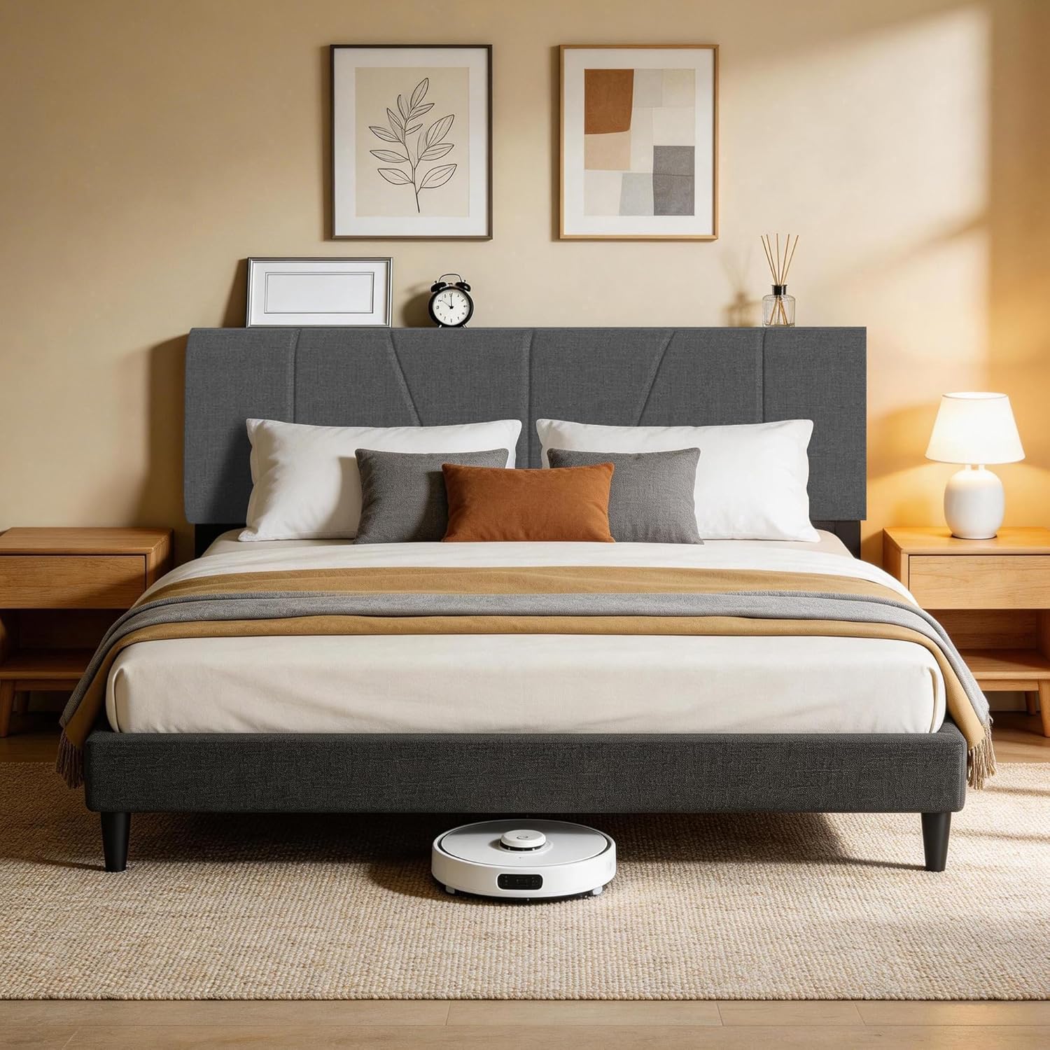Queen Bed Frame with Adjustable Headboard, Platform Bed with 12 Thickened Legs for Bedroom, No Box Spring Needed, Easy Assembly Grey Bedroom Furniture with 1300 lbs Strong Weight Capacity