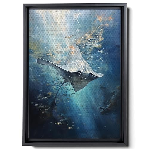 Nautical Print on Canvas for Wall Decor, Ocean Fish Manta Ray Canvas Wall Art, Beach Print for Wall Hang, Turquoise Coastal Pictures Wall Decor,