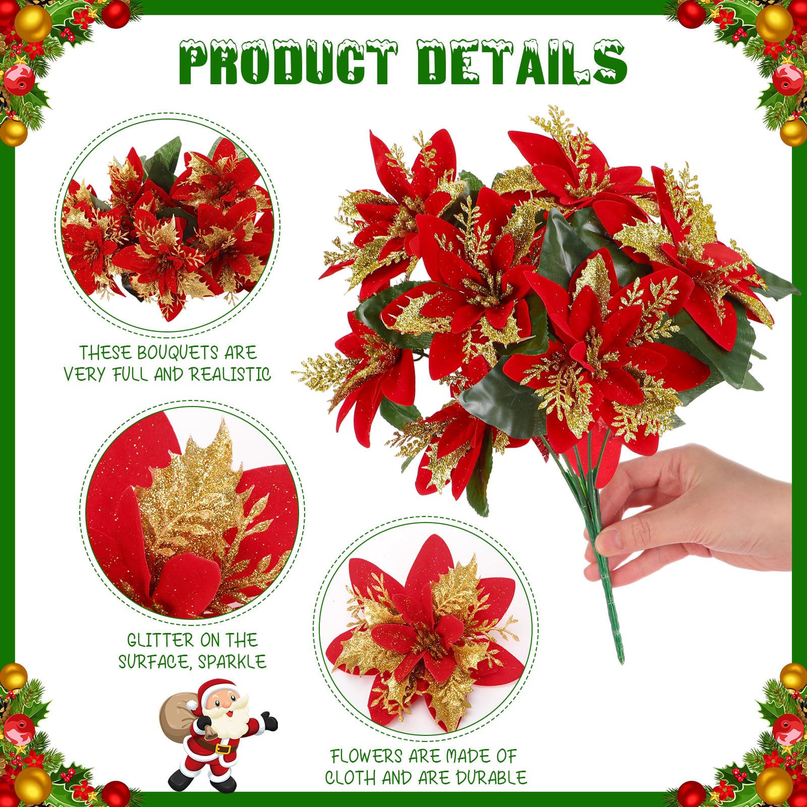 Hotop 12 paquetes de arbustos artificiales de Pascua con purpurina de Navidad de 12.6 pulgadas, arbustos de flores de pascua, plantas de pascua, adornos de decoración de Navidad para interiores y