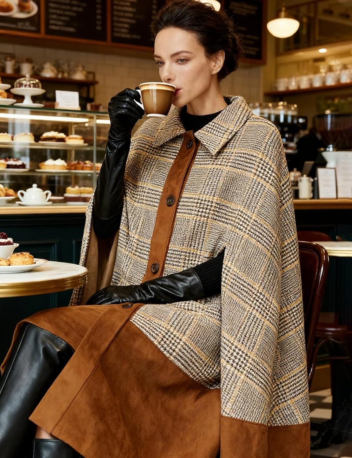 Women Vintage Wool Blend Plaid Cape Coat with Italy Leather Patchwork Design British Style for Winter Fall - Image 3