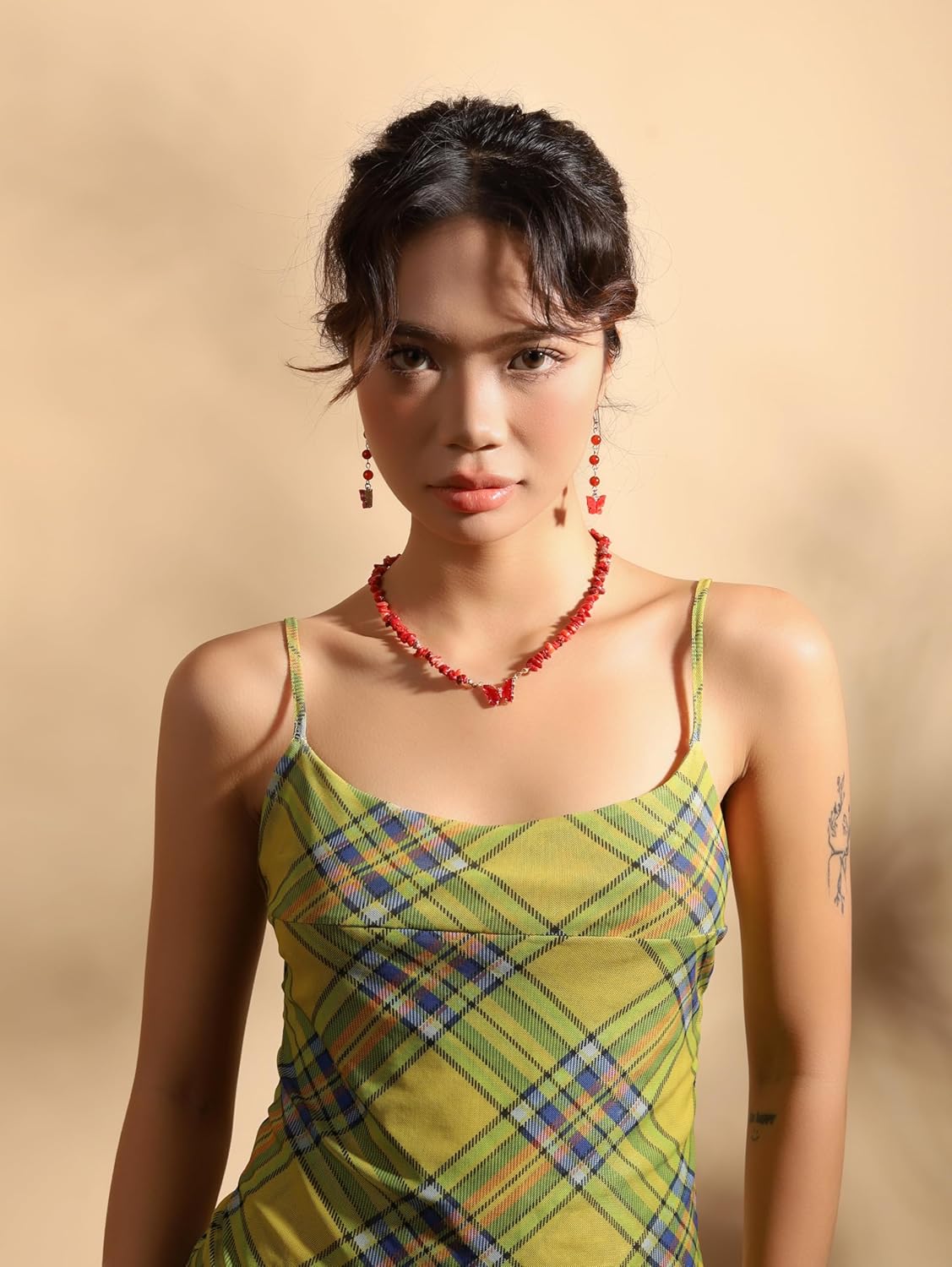 MINACHI Boho Carnelian Chip Bead Necklace with Red Butterfly Pendant, Adjustable Gold-Tone Clasp - Image 2