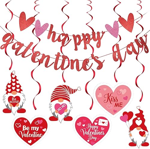 Cartel de feliz día de los galentinos con purpurina roja y espirales colgantes para el día de San Valentín para decoraciones del día de San Valentín
