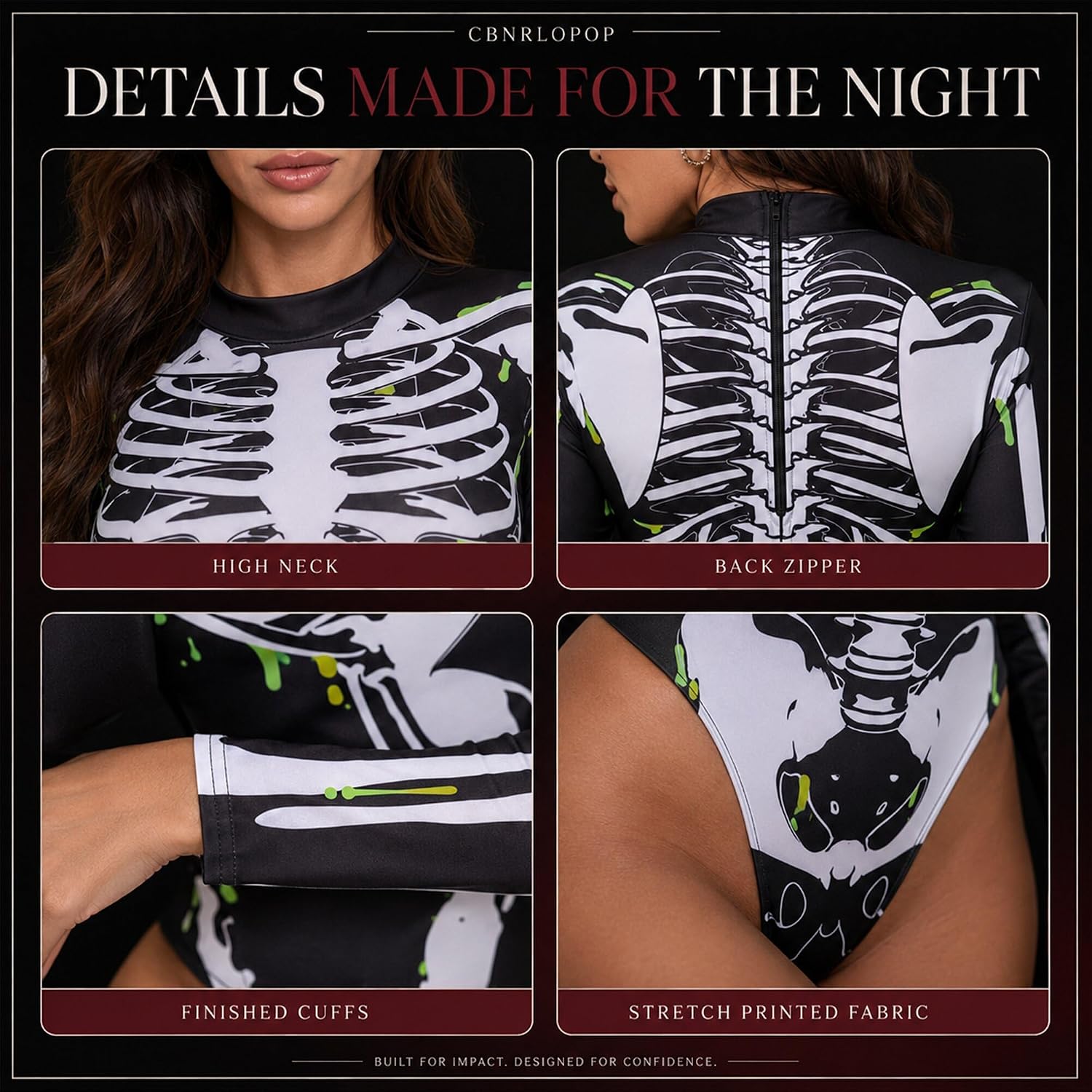 Women's Skeleton Bodysuit, Halloween Costume for Parties, Cosplay(BLASK) S