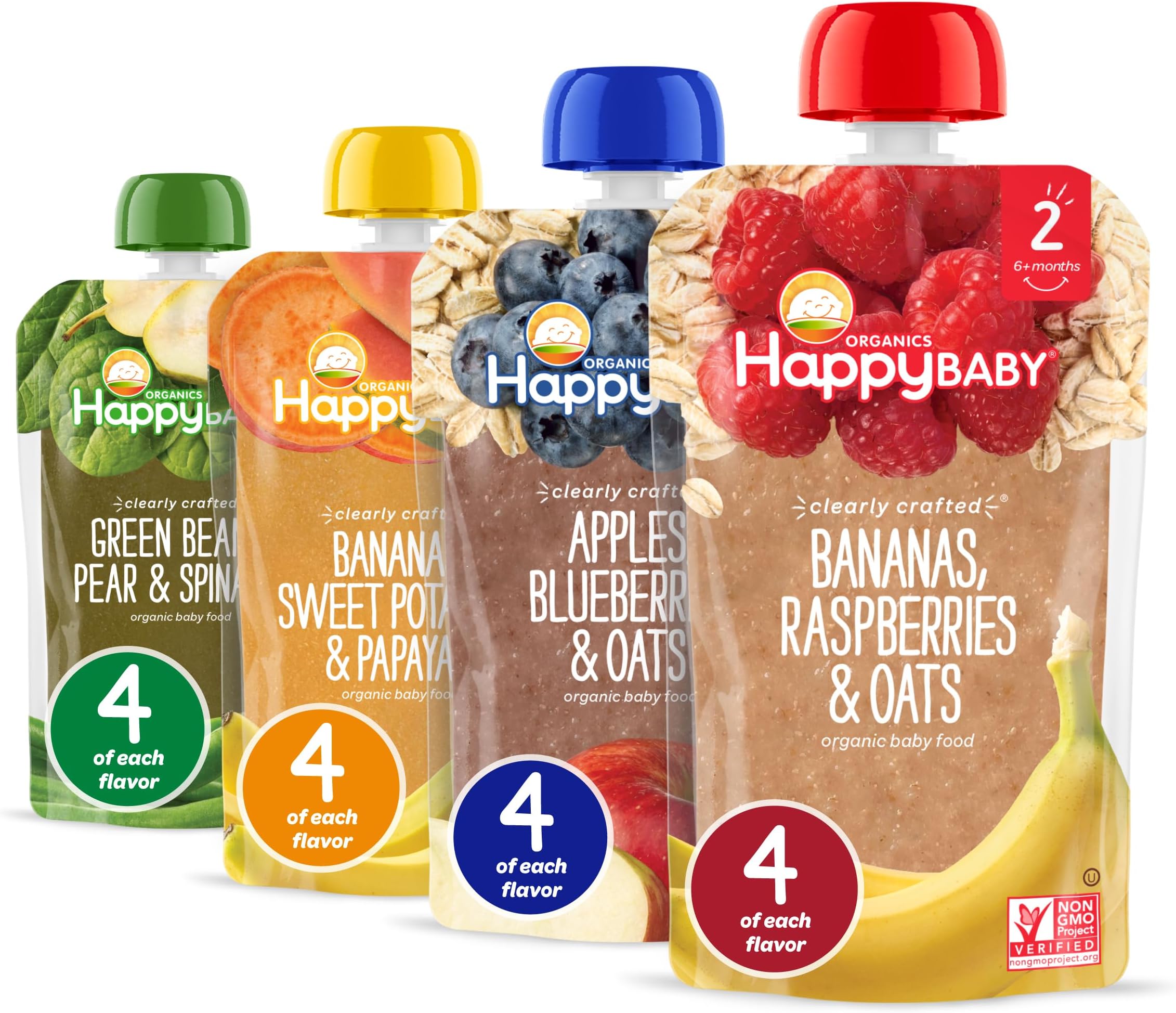 Happy Baby Organics Stage 2 Baby Food Pouches, Gluten Free, Vegan & Healthy Snack, Clearly Crafted Fruit & Veggie Puree, Fruit & Veggie Variety Pack, 4 Ounces (Pack of 16), Amazon Exclusive