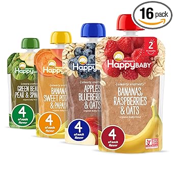 Happy Baby Organics Stage 2 Baby Food Pouches, Gluten Free, Vegan & Healthy Snack, Clearly Crafted Fruit & Veggie Puree, Fruit & Veggie Variety Pack, 4 Ounces (Pack of 16), Amazon Exclusive
