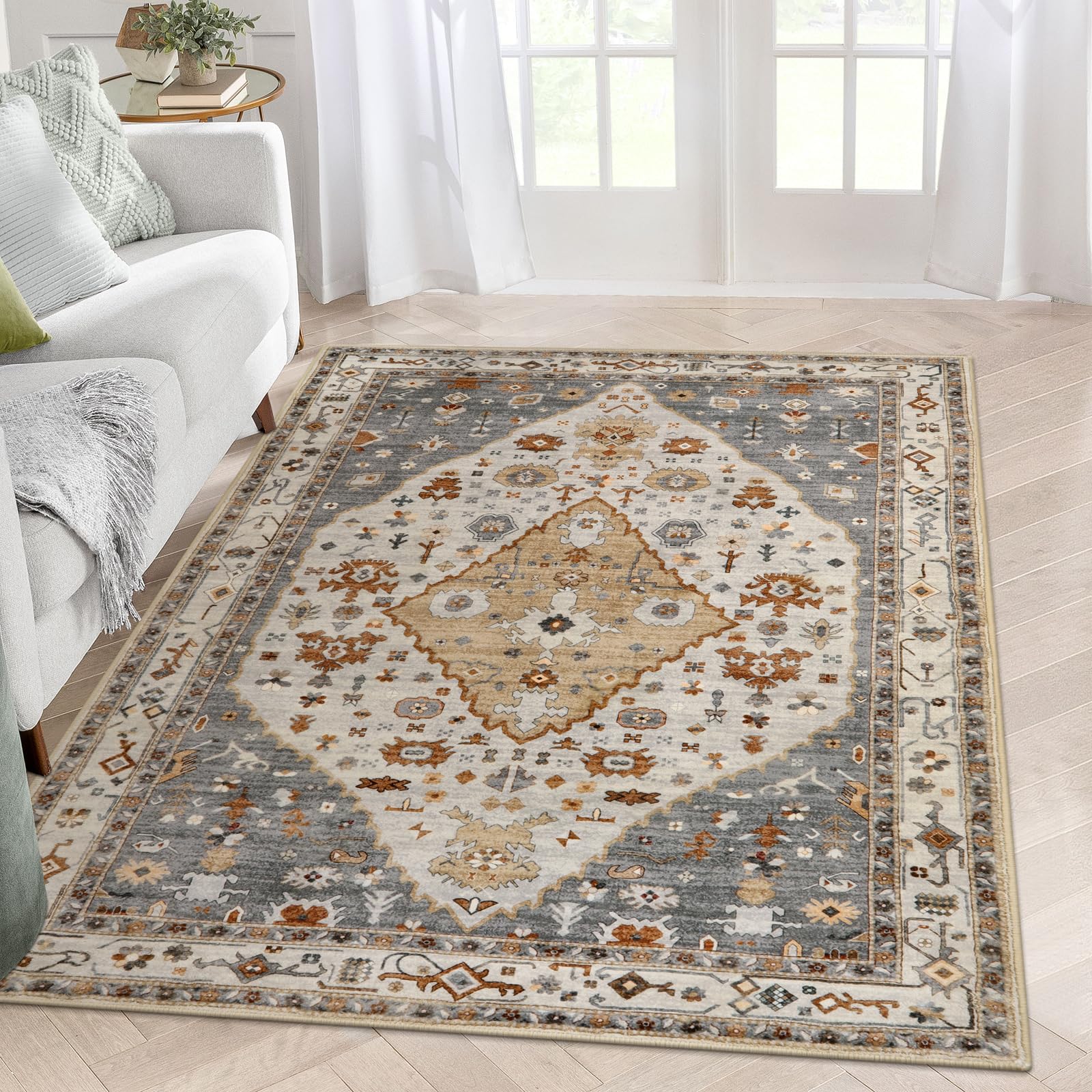 Lahome Machine Washable Area Rugs 5x7, Large Rugs for Living Room Non Slip Rugs for Bedroom, Oriental Soft Low Pile Printed Indoor Throw Dining Room Carpet for Playroom Home Office, Gold
