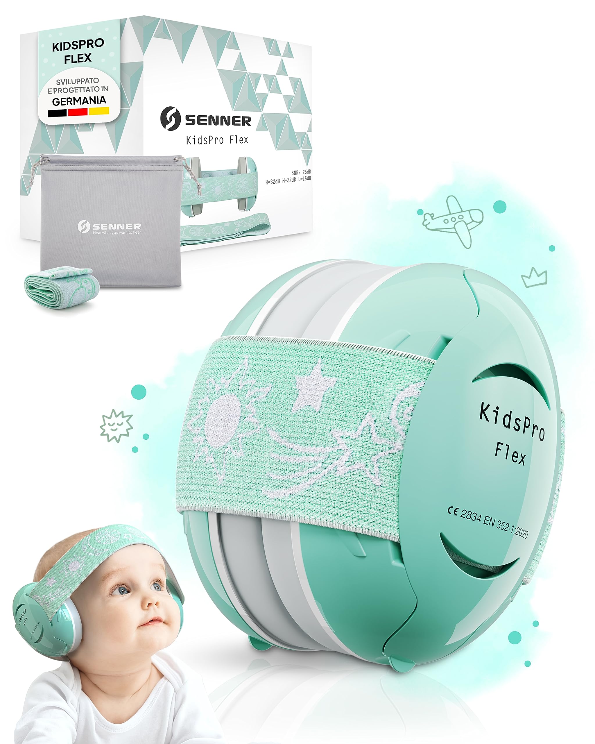 Senner ® KidsPro Flex | Protection auditive enfants - Casque antibruit avec SNR 25 dB, jusqu'à 12 ans, évolutif. Idéal pour quotidien, fêtes, sports, événements musicaux - Turquoise