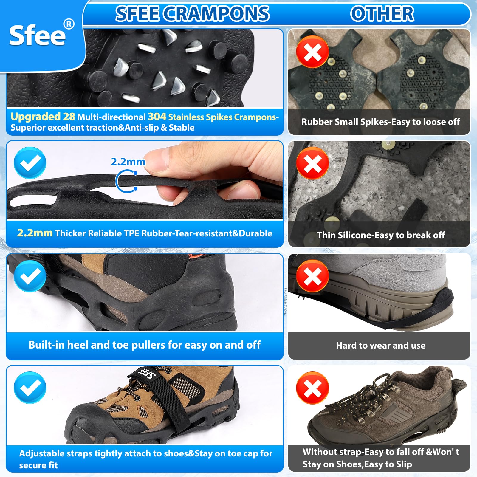Sfee Crampons à glace pour chaussures et bottes, 28 crampons en acier ultra adhérents pour homme et femme, antidérapants, pour chaussures et bottes pour la marche, la randonnée, l'escalade, la pêche