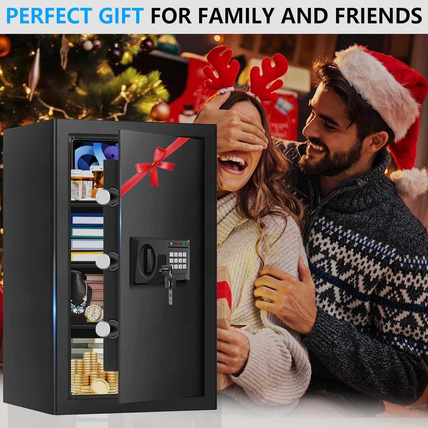 5.2 Cu Ft Large Home Safe Box Fireproof Waterproof, Personal Security Safe with Digital Keypad, Spare Keys, Alarm System and 3 Removable Shelves, Fire Document Safes for Home Money Medicine Valuables