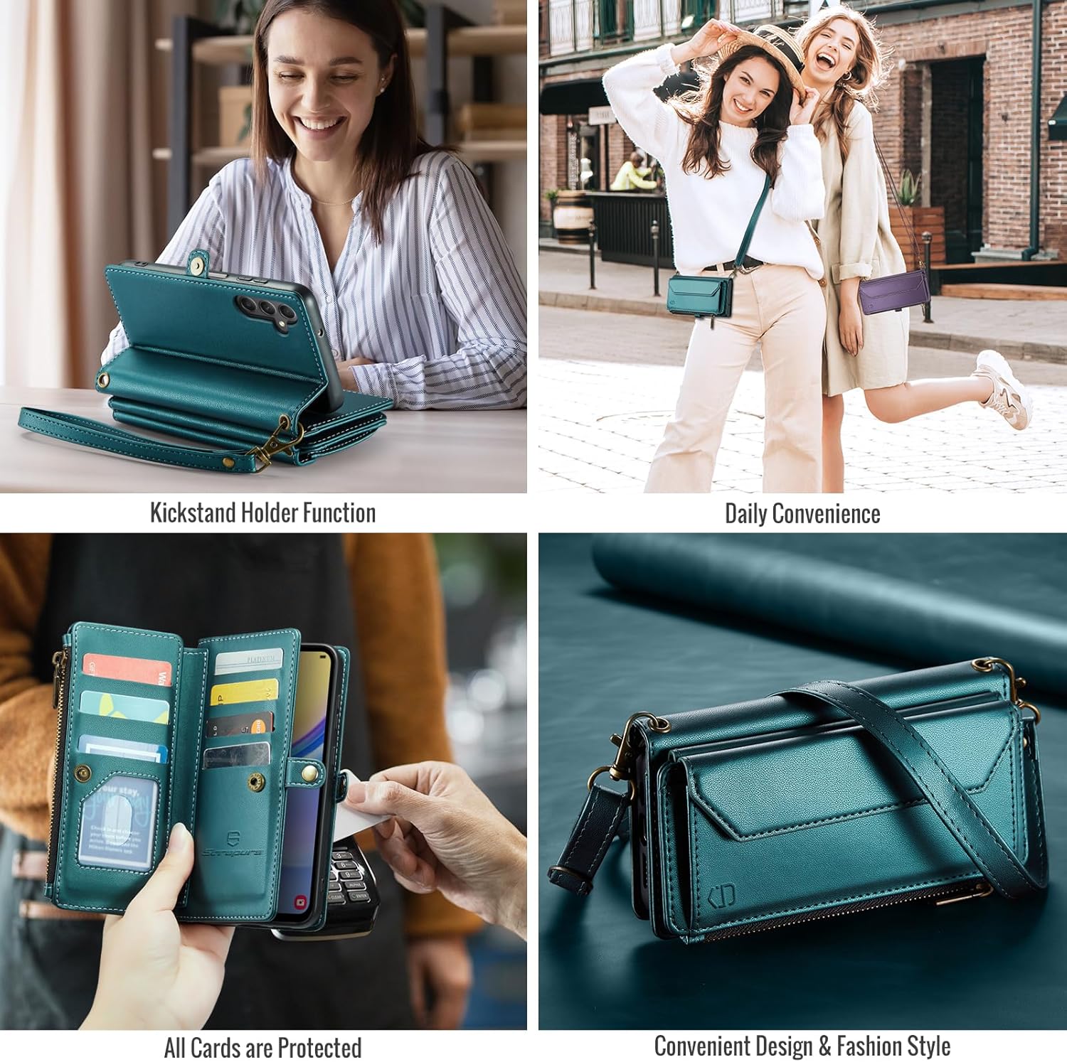 Strapurs Wallet Case Compatible with Samsung Galaxy A15 5G RFID Blocking Card Holder Soft PU Leather Magnetic Snap Shoulder Strap Zipper Pocket Phone Case Fit for Galaxy A15 6.5" - Bluegreen