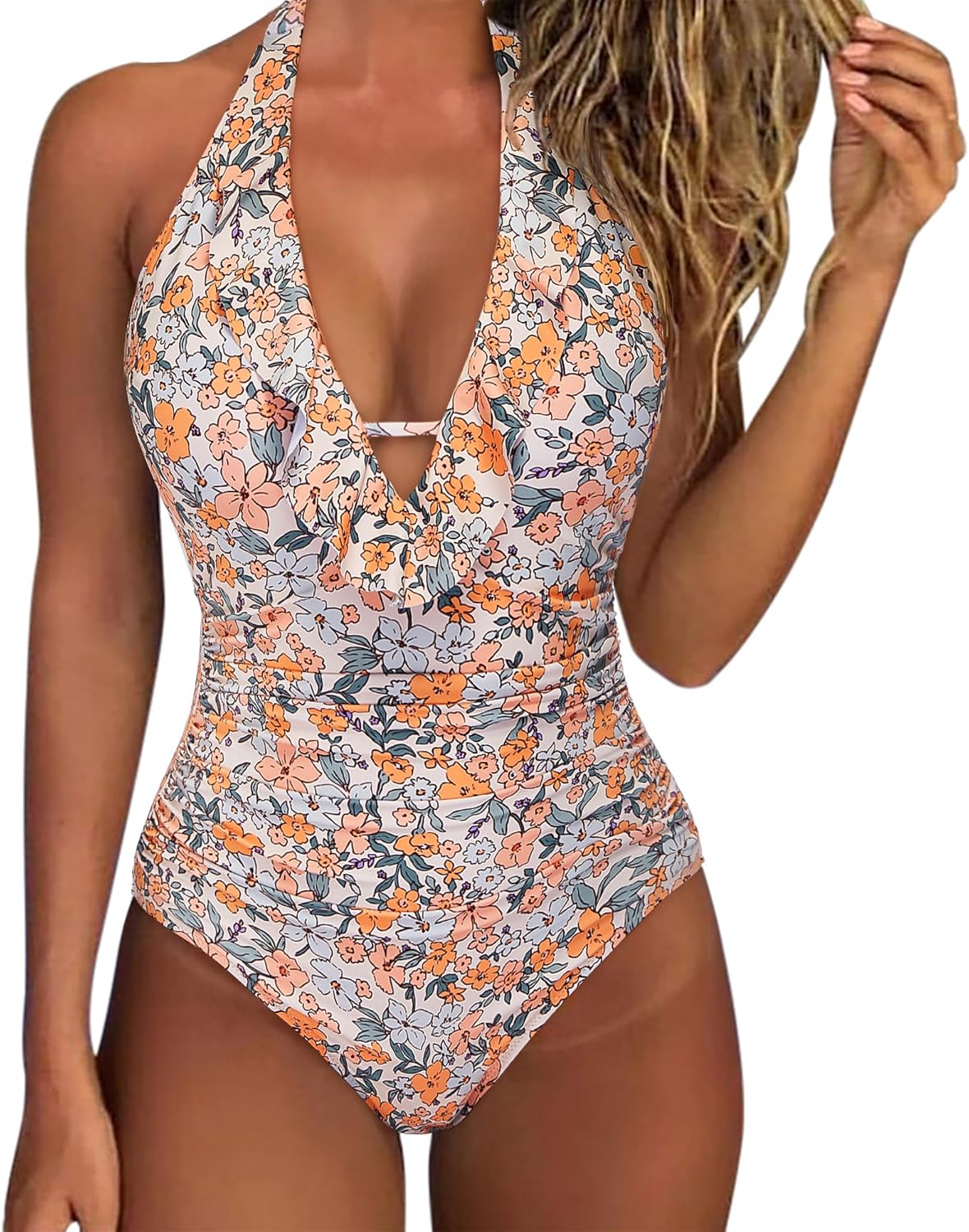 SUUKSESS Women Sexy Halter One Piece Swimsuits Ruffle Tummy Control Bathing Suit