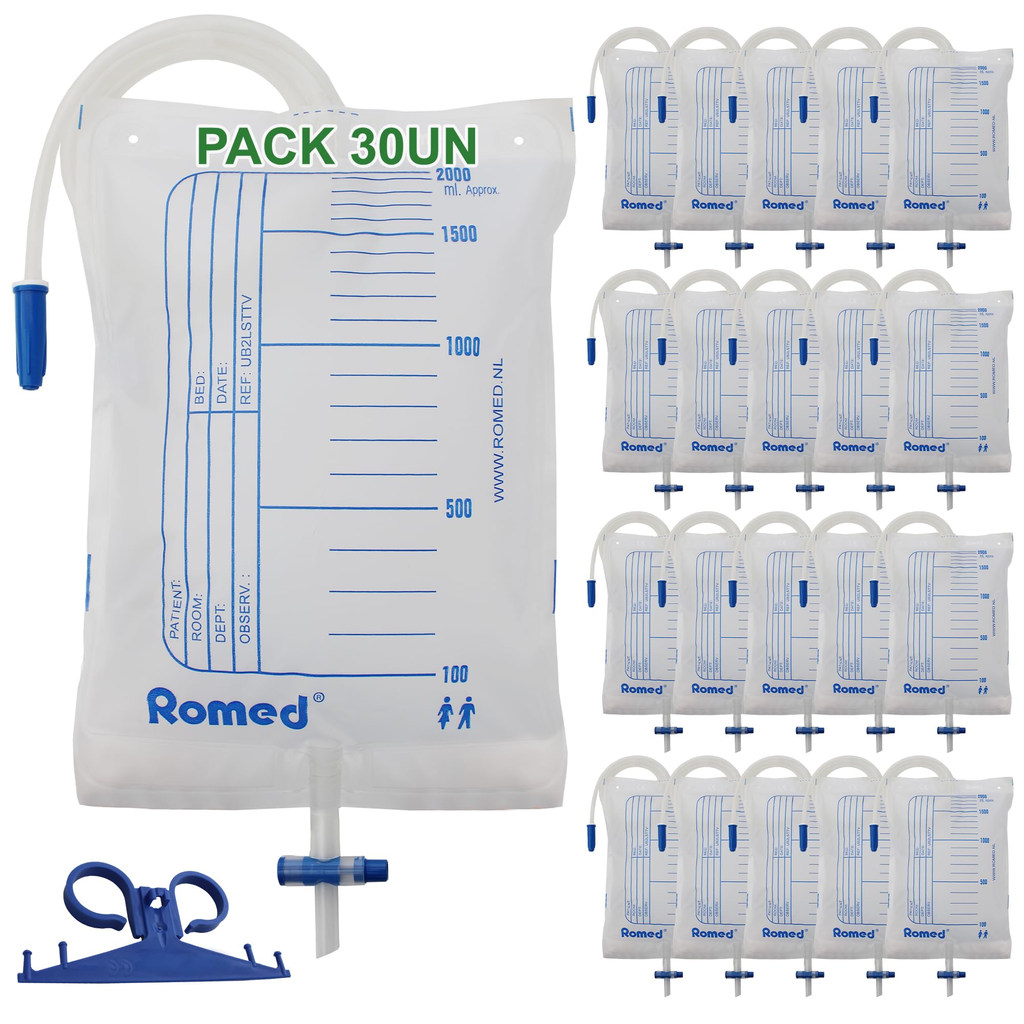 ROMED Bolsas de Orina 2 Litros Transparentes, Pack de 30 Unidades | Tubo Flexible de 90 cm, Válvula Anti-Reflujo, Colector Urinario, Para Incontinencia Hombre y Mujer