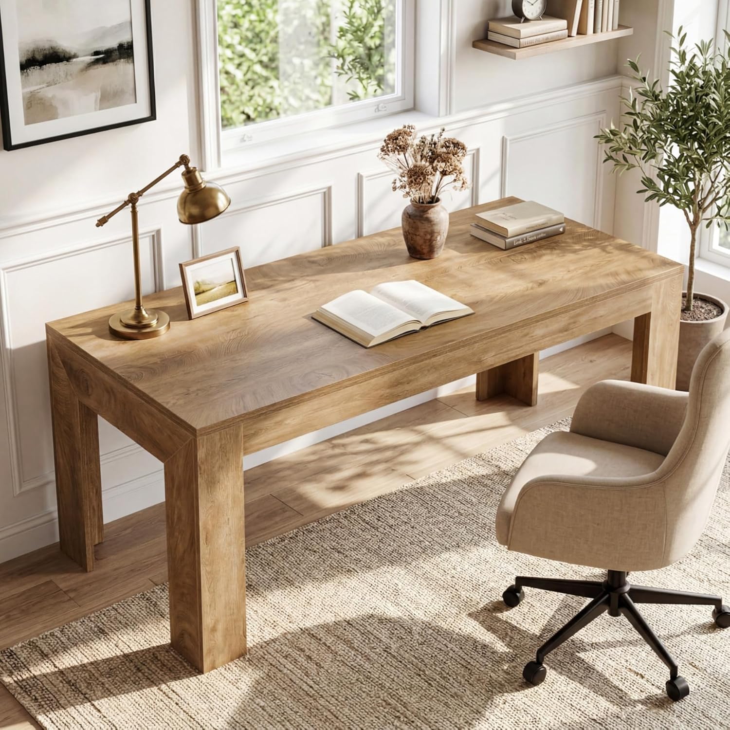 Tribesigns 63" Modern Home Office Desk, Wooden Computer Desk, Long Work Desk Large Executive Office Desk for Home Office, Farmhouse Stlye, Light Brown
