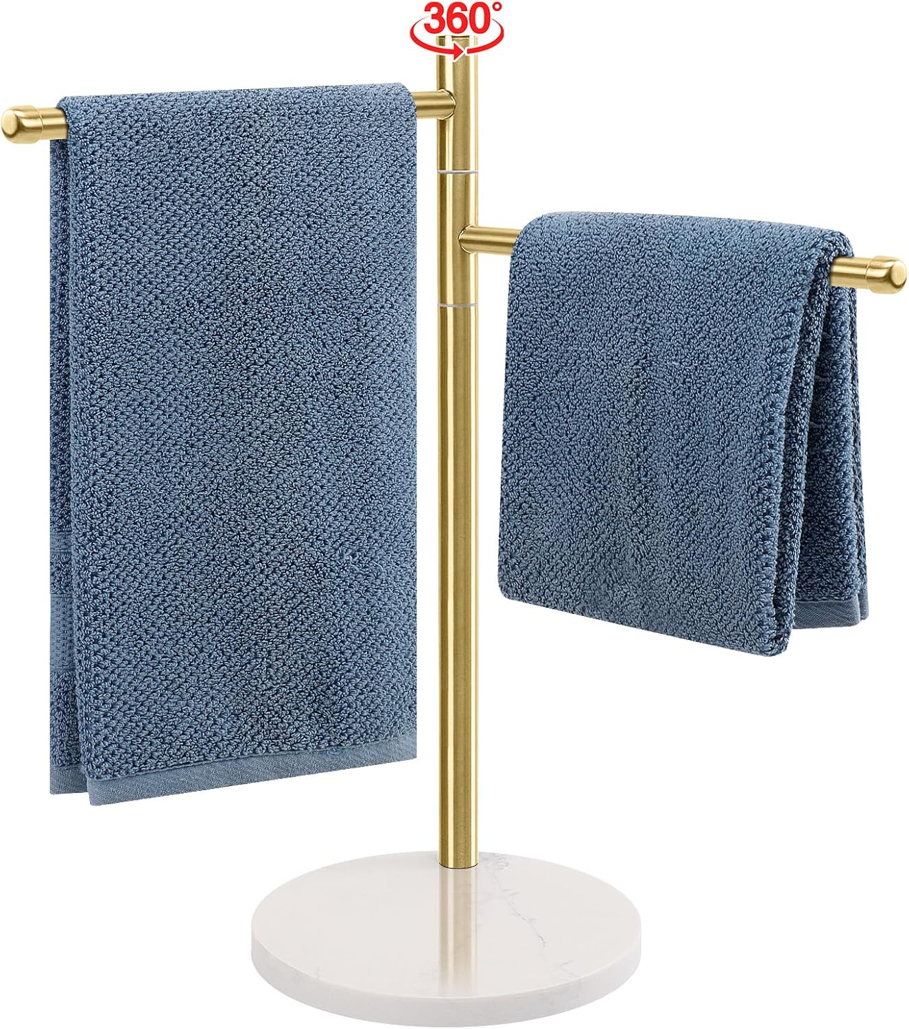Hand Towel Holder, F-Shape Hand Towel Stand with Marble Base, Stainless Steel Swivel Hand Towel Rack Standing Towel Bar for Bathroom Kitchen Countertop, 2 Arms (Gold)