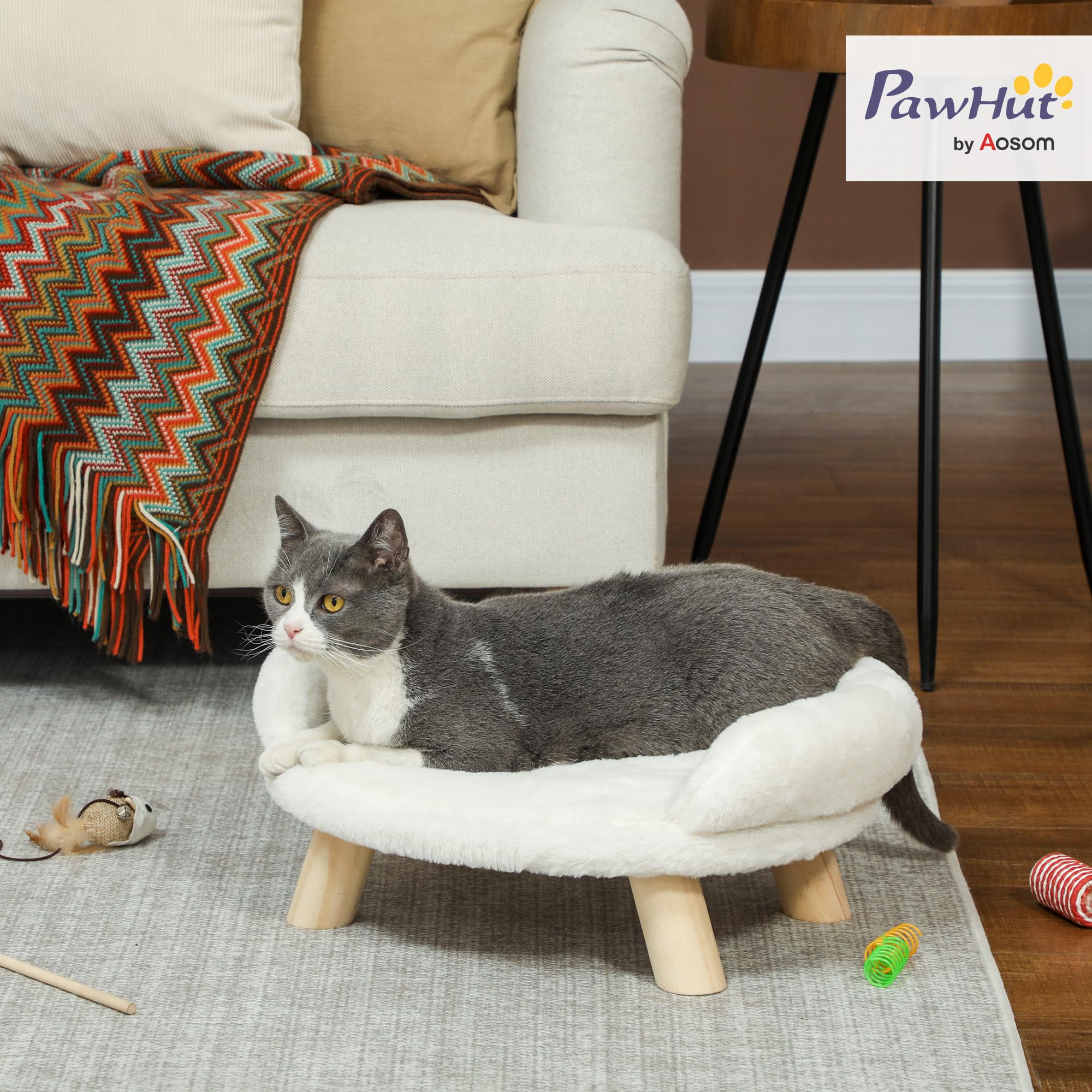 PawHut Sofá para Perros, Cama para Perros, sofá para Mascotas con diseño Elevado, sofá para Perros, sofá para Gatos, sillón para Perros con Patas de Madera, Franela, Crema, 47 x 40 x 20 cm