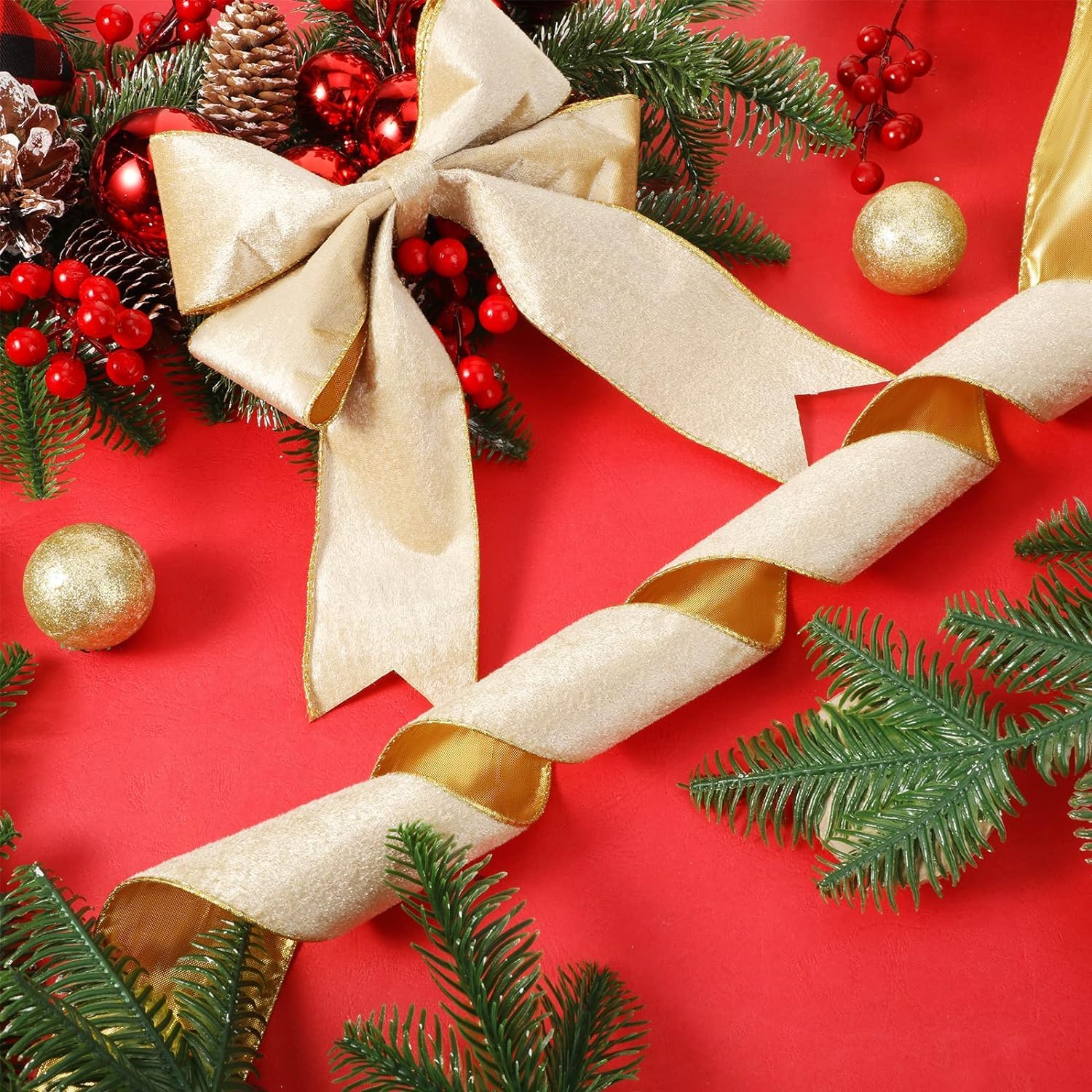 Ruban De Velours De Noël Avec Fil Métallique - 2 Rouleaux De 5 M, Rouge - Pour Couronnes, Guirlandes, Sapin
