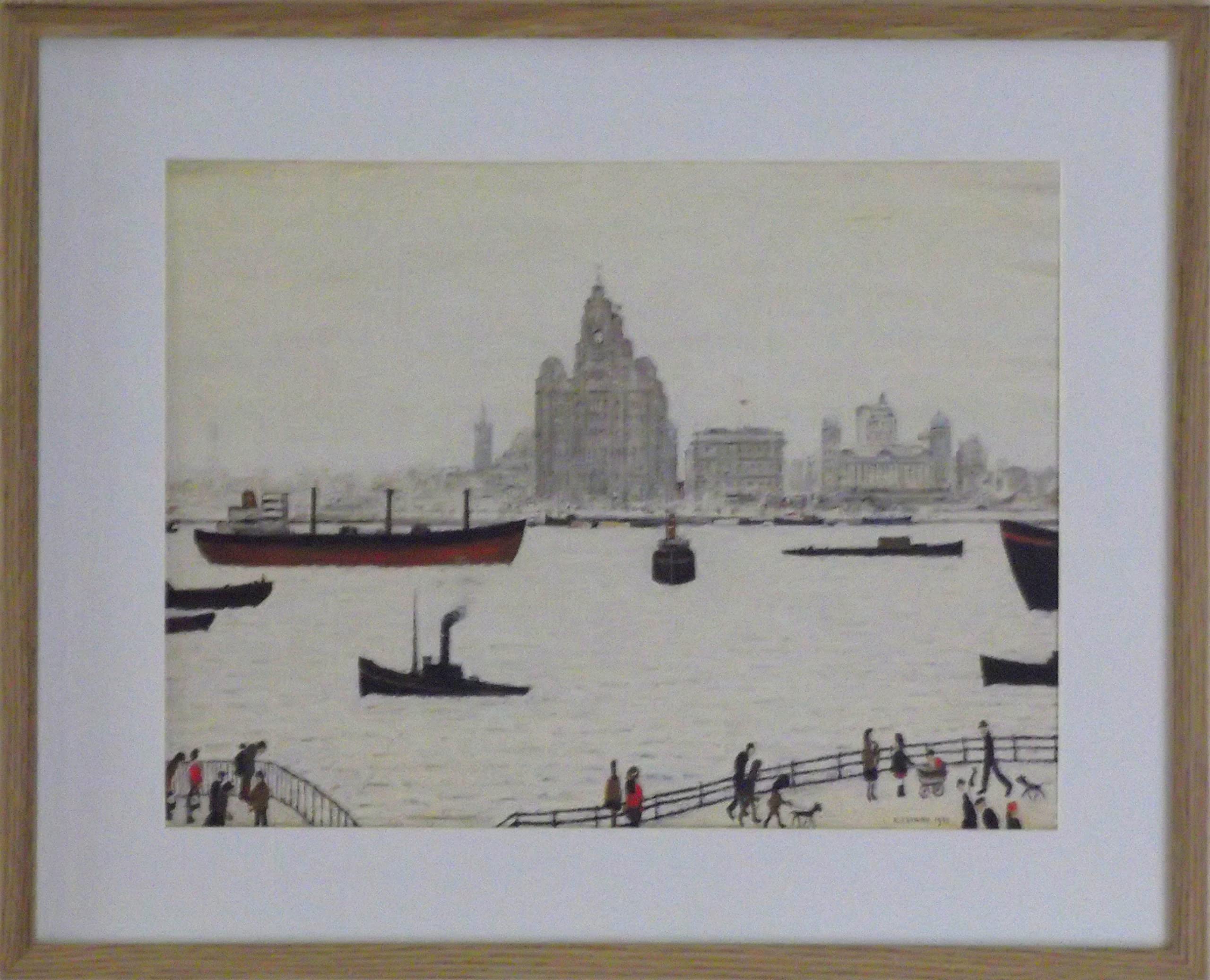 Stateoftheart-Uk Light Oak Finish Frame With Soft White Mount And Large Image Authentic L S Lowry Print - Liver Building - 21 X 17Inch, Light Wood Finish Frame With Mount And Large Image